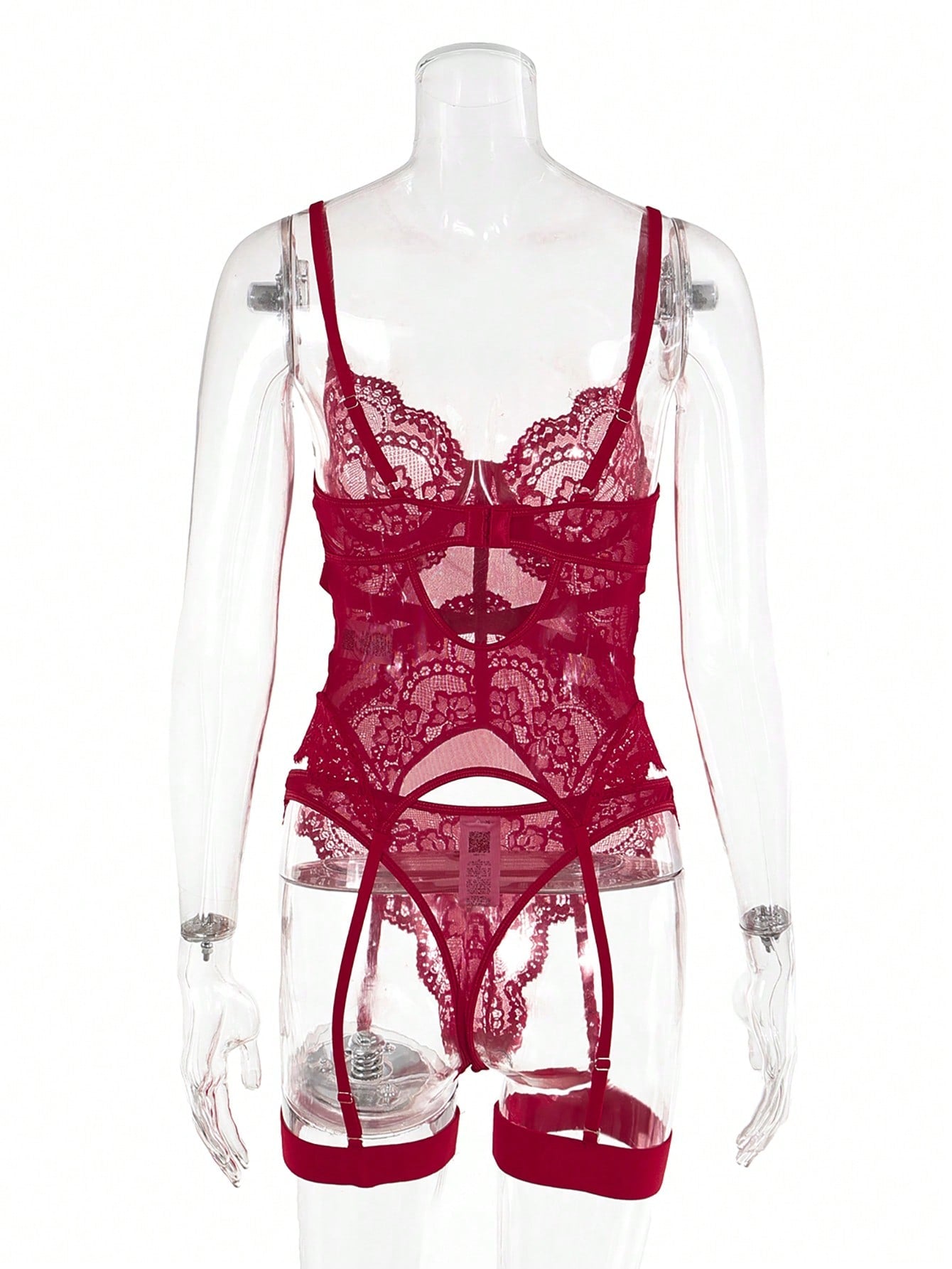 Women’s 4-piece lace lingerie set featuring a longline underwire bra with adjustable spaghetti straps, matching low-rise thong panties, and decorative ribbon details with cutout accents.