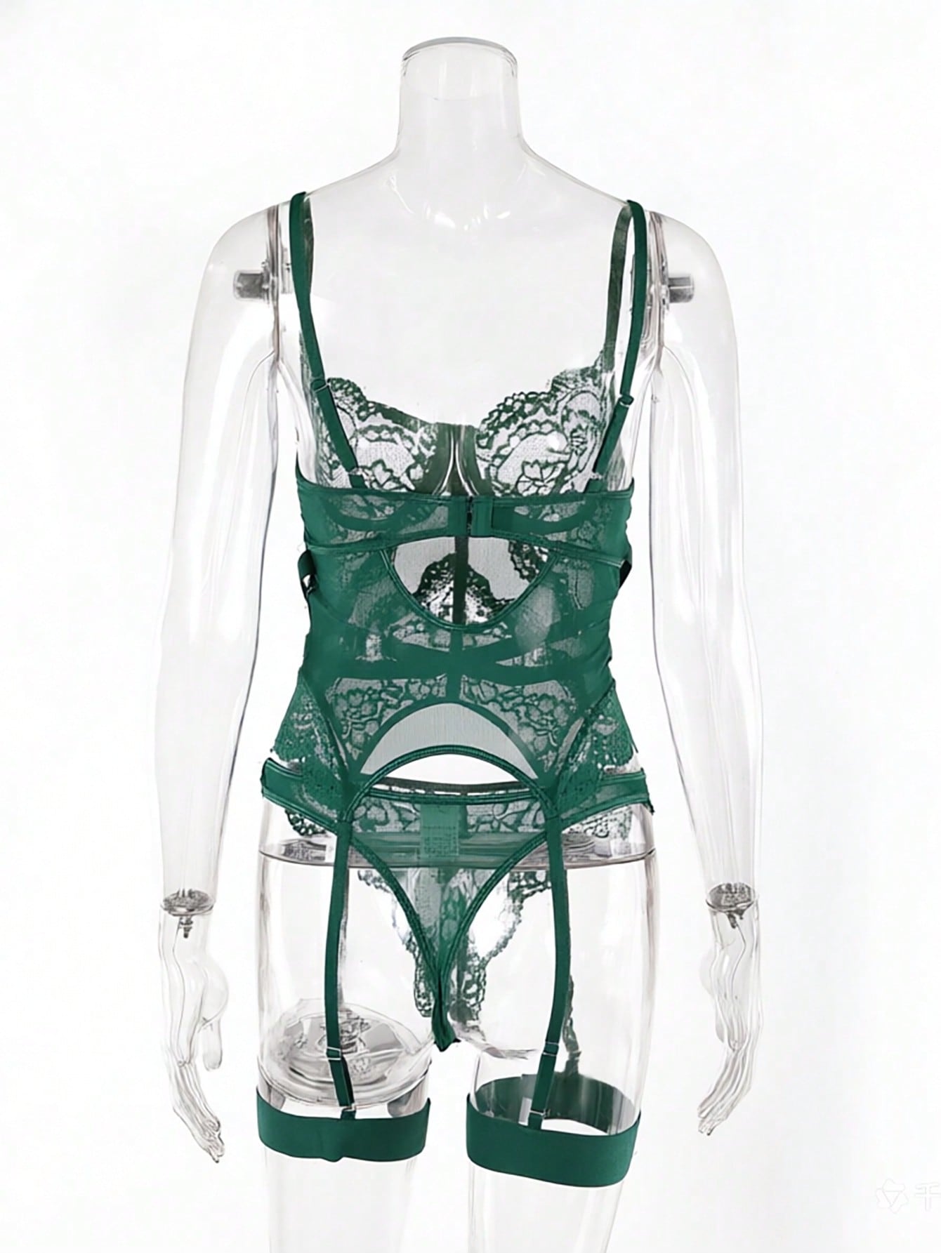 Women’s 4-piece lace lingerie set featuring a longline underwire bra with adjustable spaghetti straps, matching low-rise thong panties, and decorative ribbon details with cutout accents.