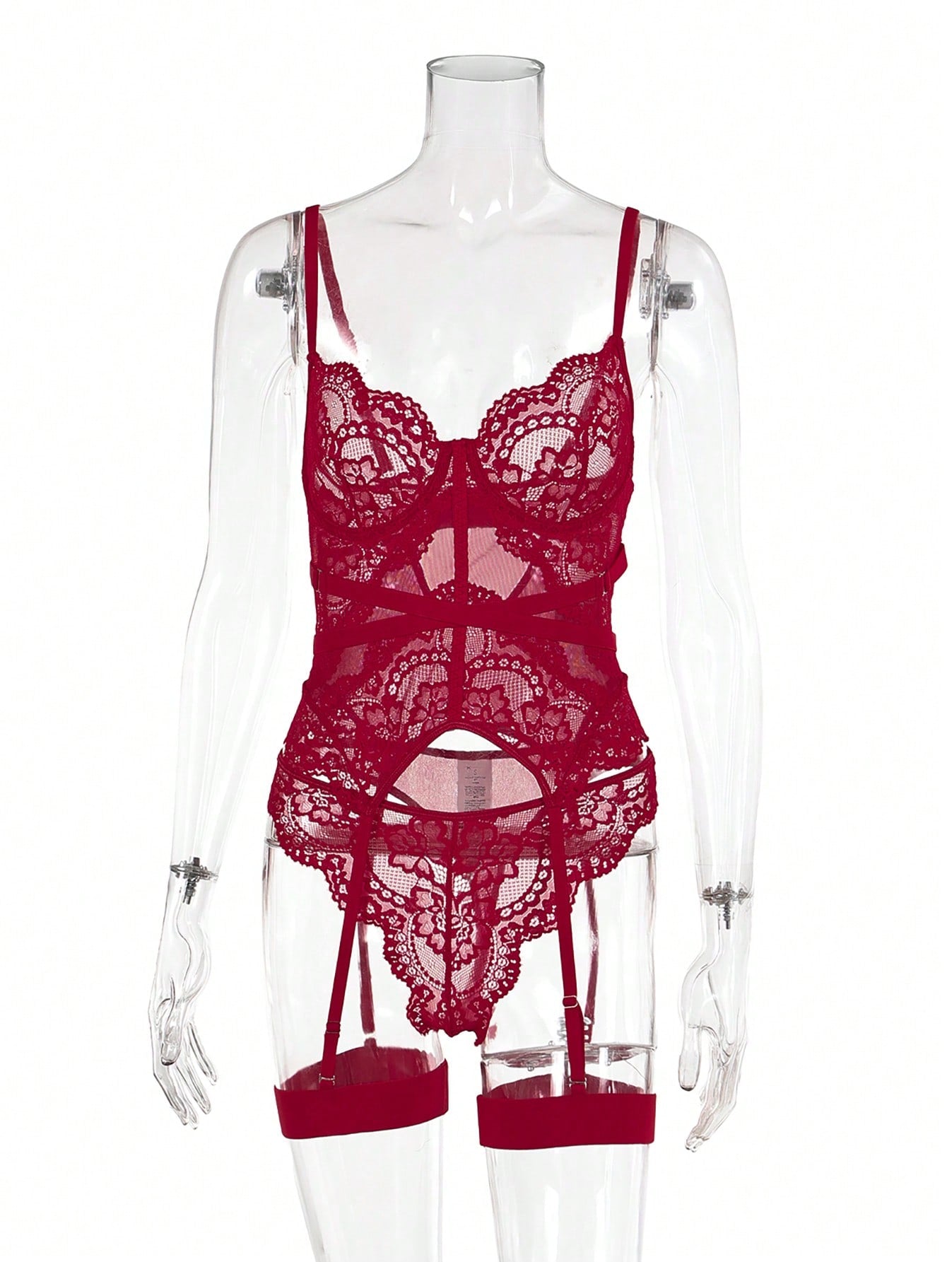 Women’s 4-piece lace lingerie set featuring a longline underwire bra with adjustable spaghetti straps, matching low-rise thong panties, and decorative ribbon details with cutout accents.