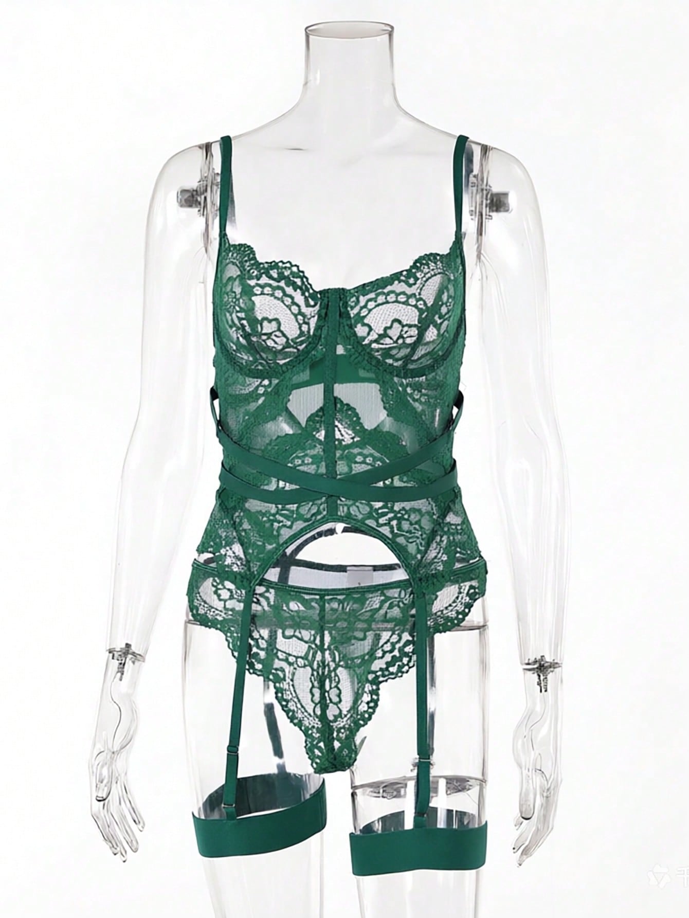 Women’s 4-piece lace lingerie set featuring a longline underwire bra with adjustable spaghetti straps, matching low-rise thong panties, and decorative ribbon details with cutout accents.