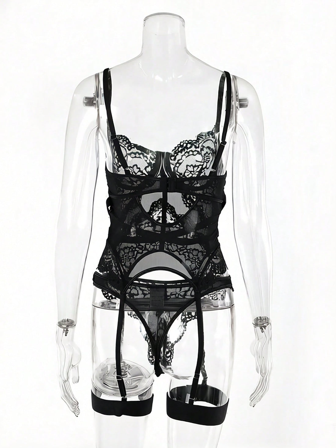 Women’s 4-piece lace lingerie set featuring a longline underwire bra with adjustable spaghetti straps, matching low-rise thong panties, and decorative ribbon details with cutout accents.