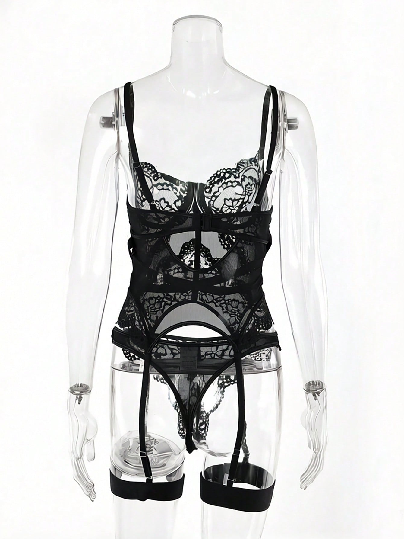 Women’s 4-piece lace lingerie set featuring a longline underwire bra with adjustable spaghetti straps, matching low-rise thong panties, and decorative ribbon details with cutout accents.