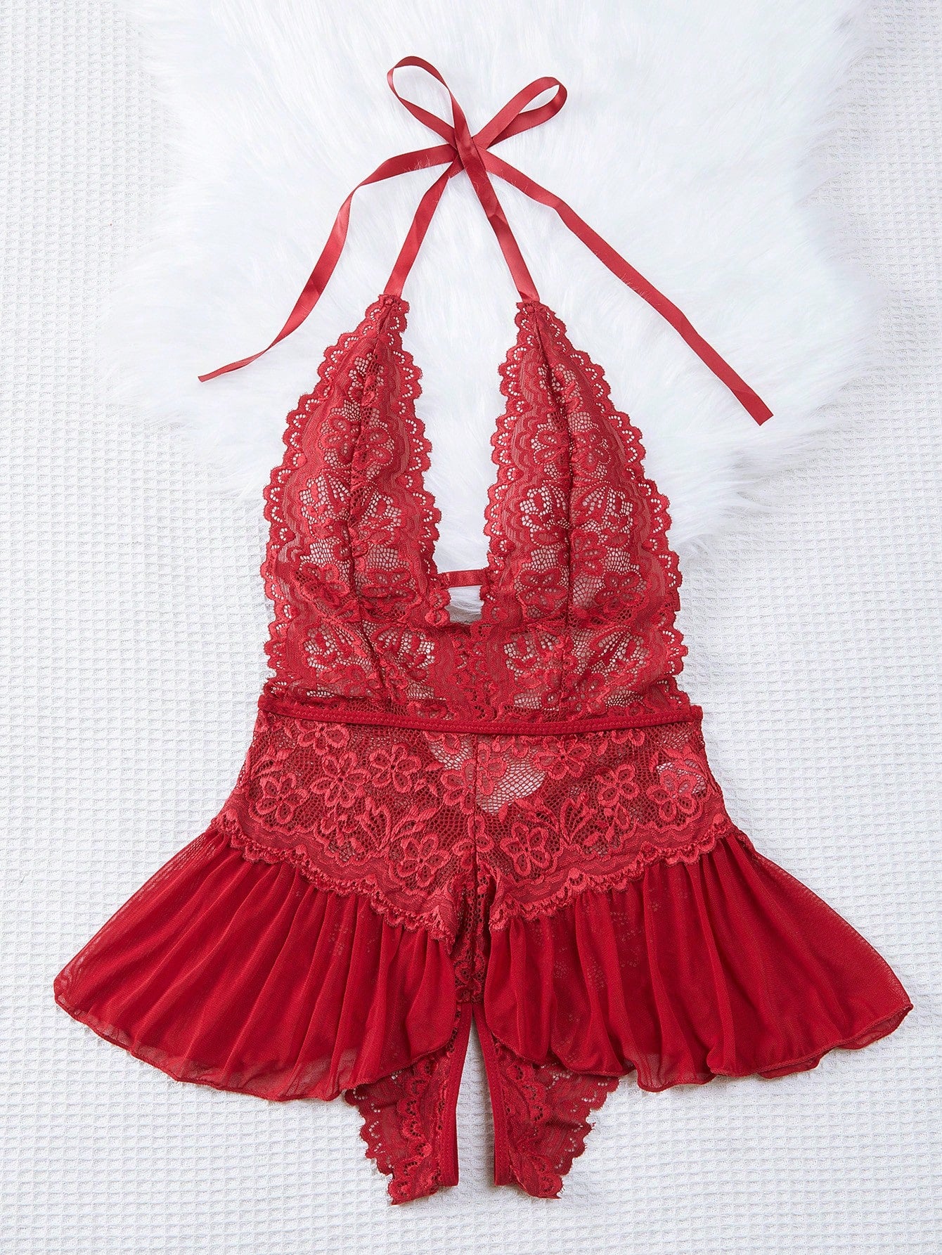 Floral lace halter teddy bodysuit lingerie with scallop trim, sheer backless design, crossback straps, triangle bra, and thong-style bottom in a 2-piece set.