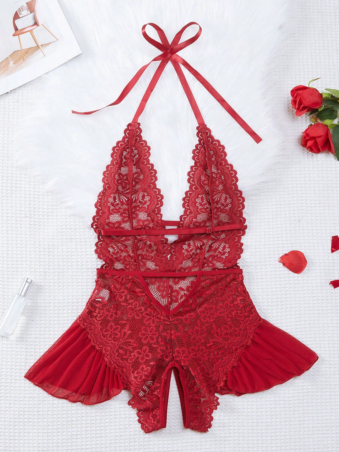 Floral lace halter teddy bodysuit lingerie with scallop trim, sheer backless design, crossback straps, triangle bra, and thong-style bottom in a 2-piece set.