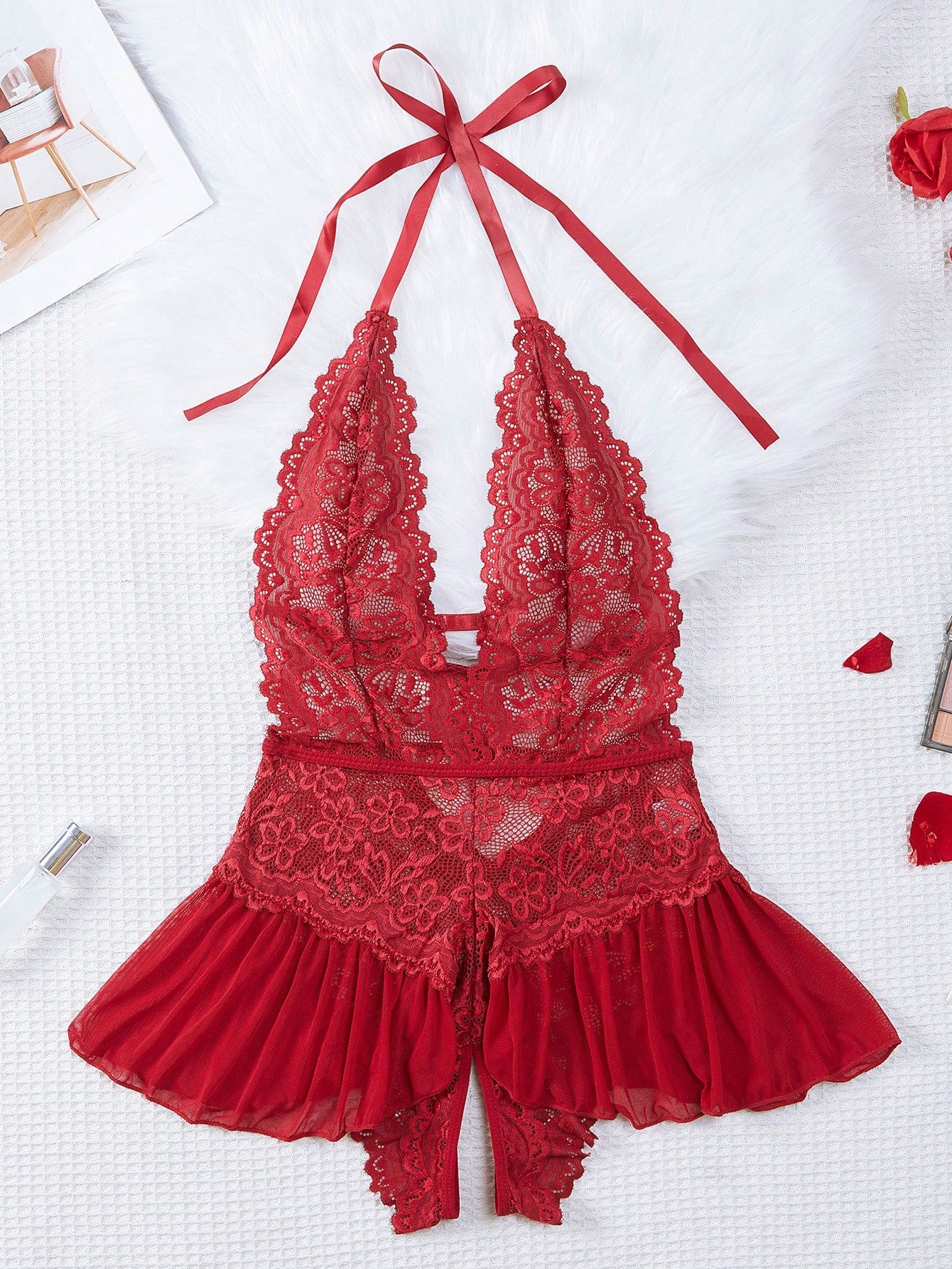 Floral lace halter teddy bodysuit lingerie with scallop trim, sheer backless design, crossback straps, triangle bra, and thong-style bottom in a 2-piece set.