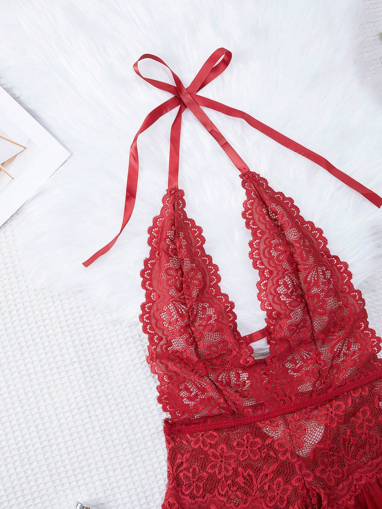 Floral lace halter teddy bodysuit lingerie with scallop trim, sheer backless design, crossback straps, triangle bra, and thong-style bottom in a 2-piece set.