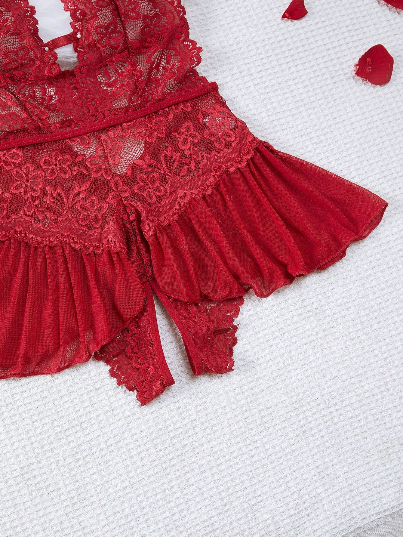 Floral lace halter teddy bodysuit lingerie with scallop trim, sheer backless design, crossback straps, triangle bra, and thong-style bottom in a 2-piece set.