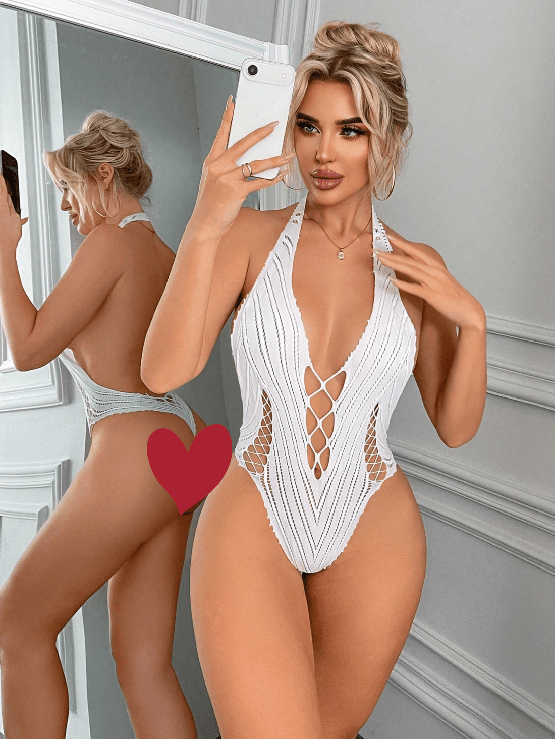 Women’s sexy lace fishnet bodystocking lingerie with halter neckline, sleeveless crossback straps, long length, and semi-sheer high-stretch fabric; one size fits most, plus size style.