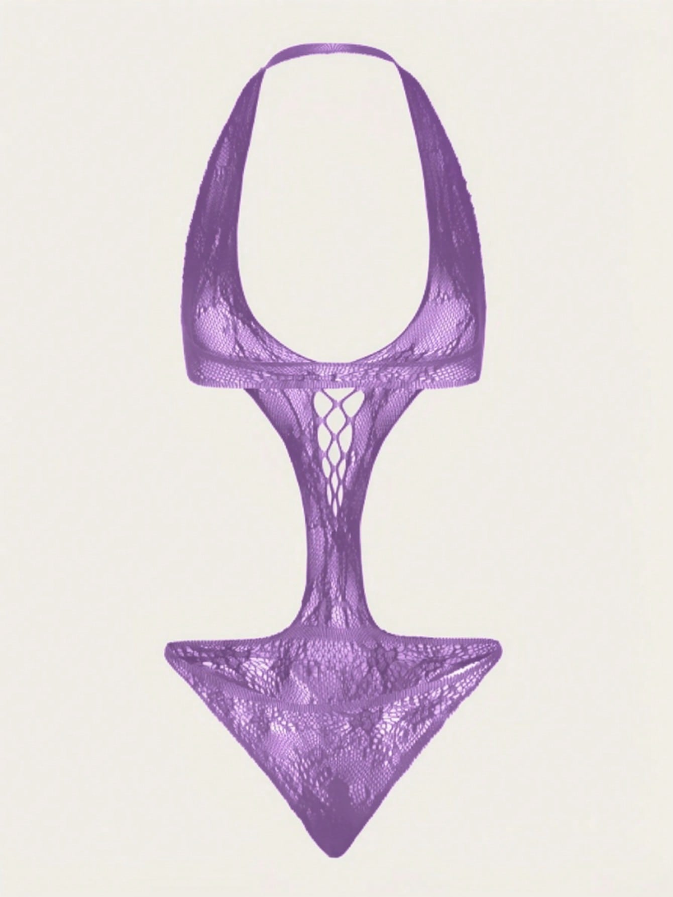 One-piece women’s sexy halter neck hollow-out bikini lingerie featuring a backless, sleeveless design with adjustable straps, low-rise fit, and sheer high-stretch fabric for private party or Valentine’s Day styling.