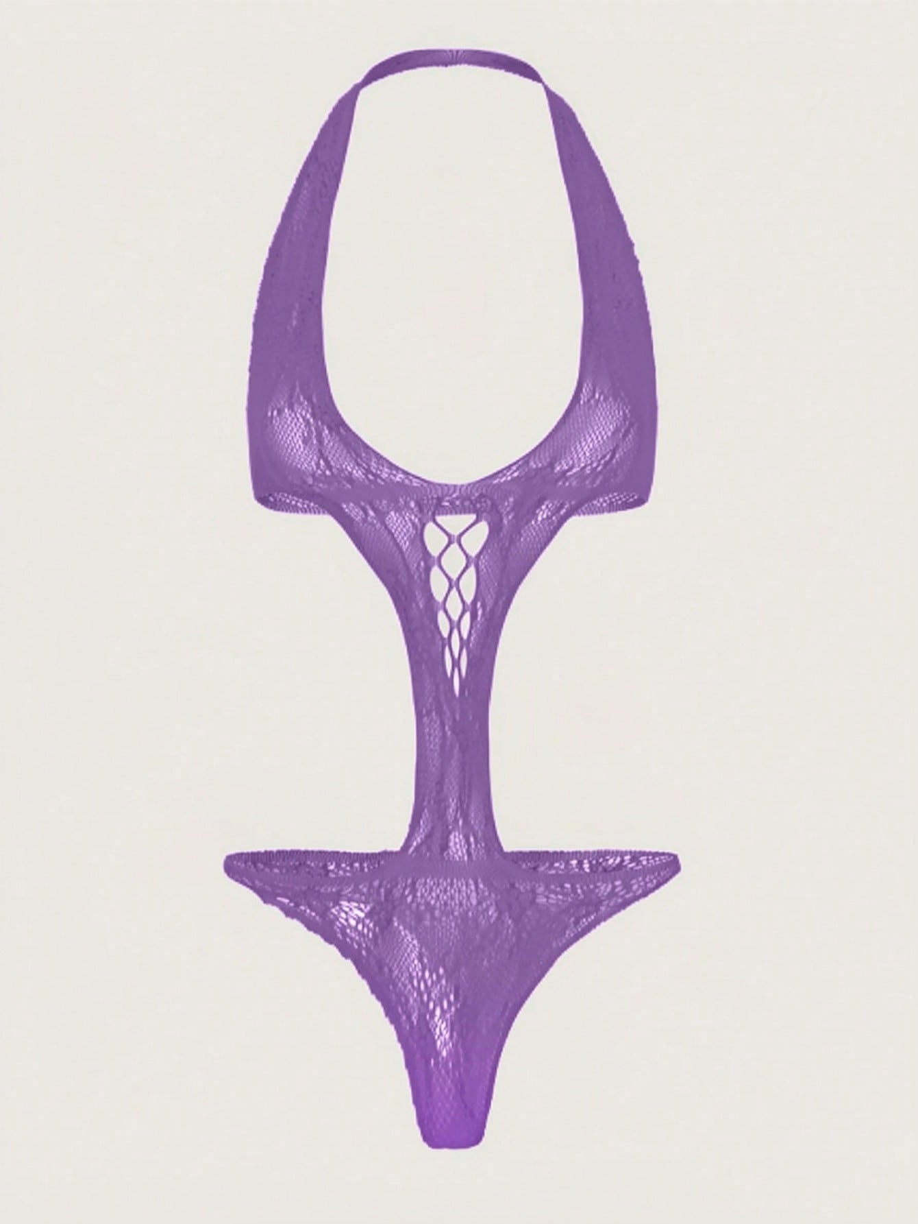 One-piece women’s sexy halter neck hollow-out bikini lingerie featuring a backless, sleeveless design with adjustable straps, low-rise fit, and sheer high-stretch fabric for private party or Valentine’s Day styling.
