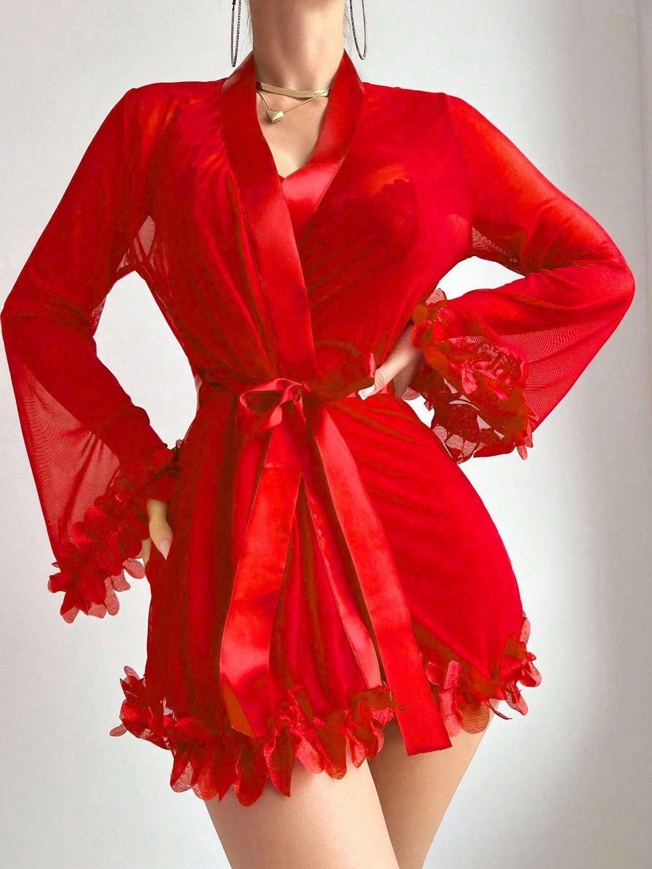 Women’s sexy lingerie set featuring a sheer lace mesh nightgown with adjustable spaghetti straps and a matching long-sleeve bell-sleeve robe with 3D floral detailing.
