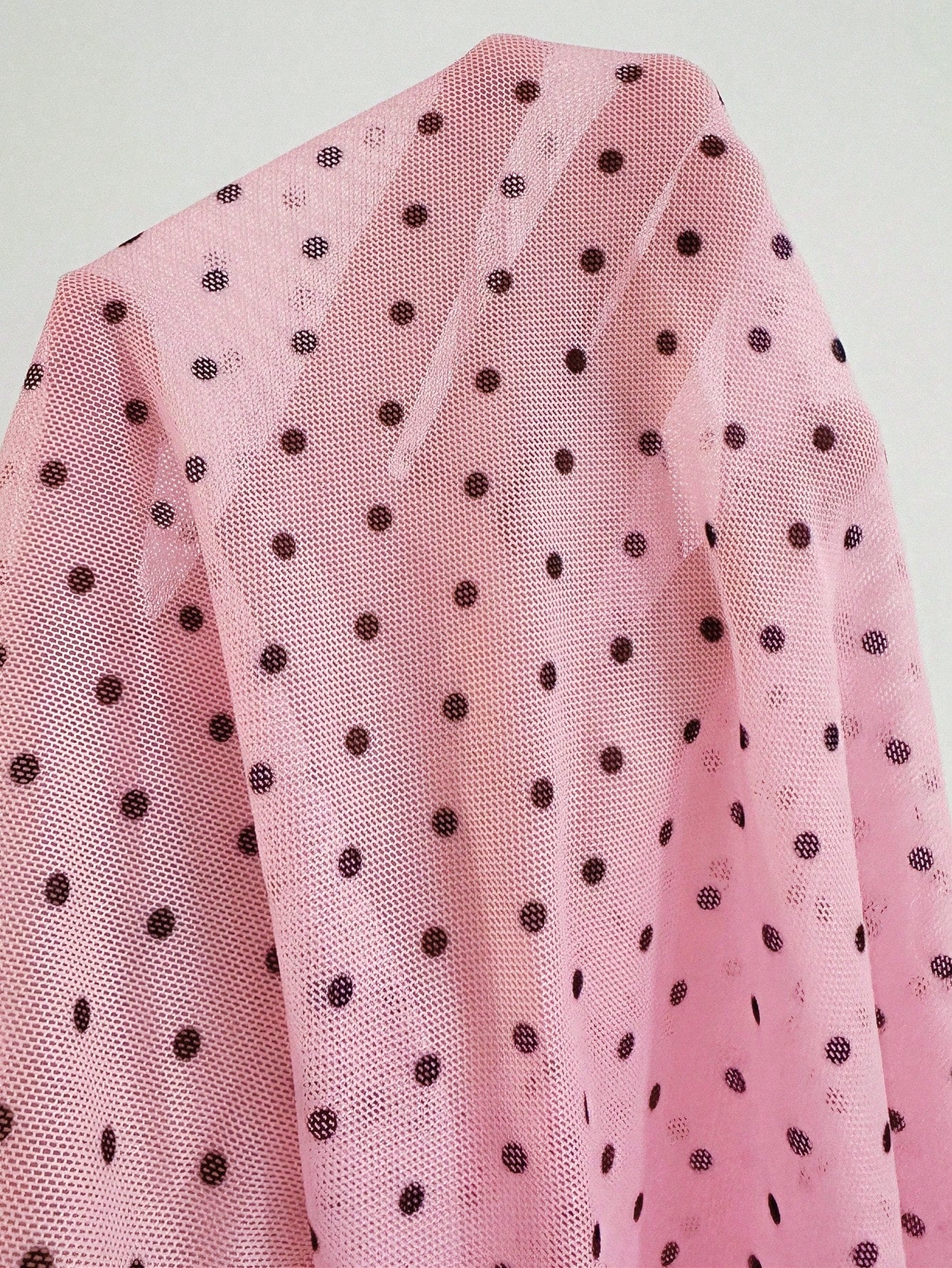 Pink Mesh Patchwork Deep V-Neck Frill Trim Sheer Polka Dot Pattern Sweet & Cute Women's Nightgown