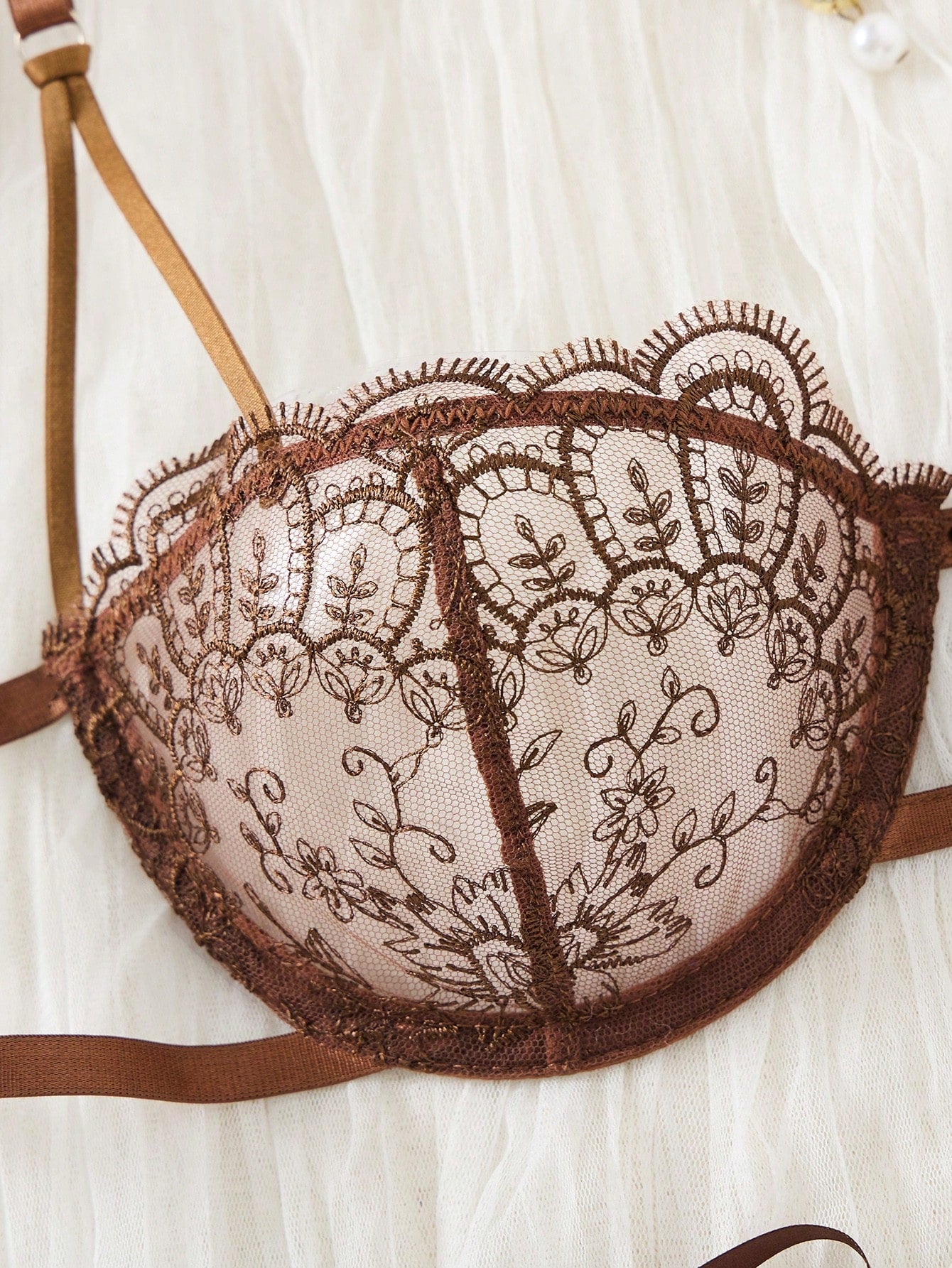 Goth EverydayBra 2pcs Women Embroidered Lace Lingerie Set, Sheer Heart-Shaped Bra And Bow Accent Panty, Comfortable Homewear Set