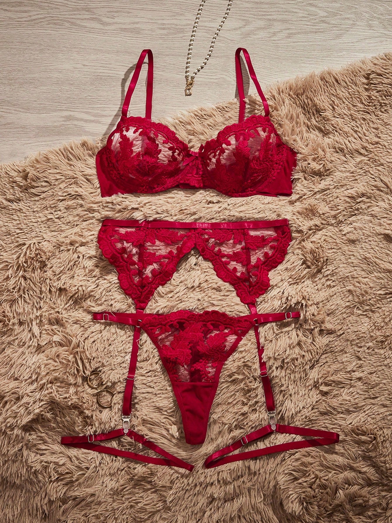 5pcs/Set Women Embroidered Mesh Sexy Lingerie Set For Going Out