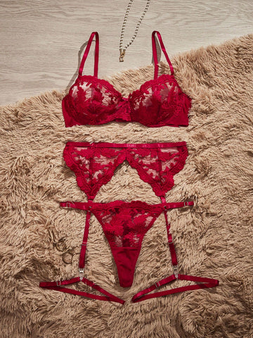 5pcs/Set Women Embroidered Mesh Sexy Lingerie Set For Going Out