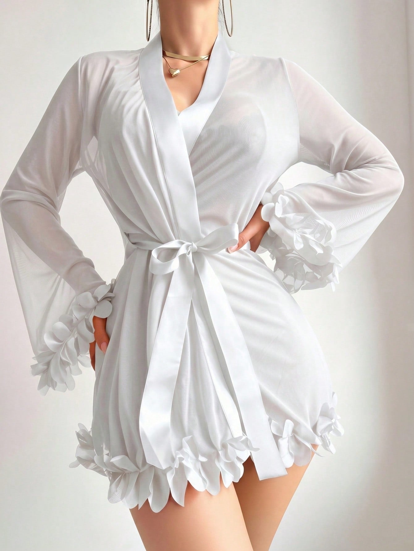 Women’s sexy lingerie set featuring a sheer lace mesh nightgown with adjustable spaghetti straps and a matching long-sleeve bell-sleeve robe with 3D floral detailing.