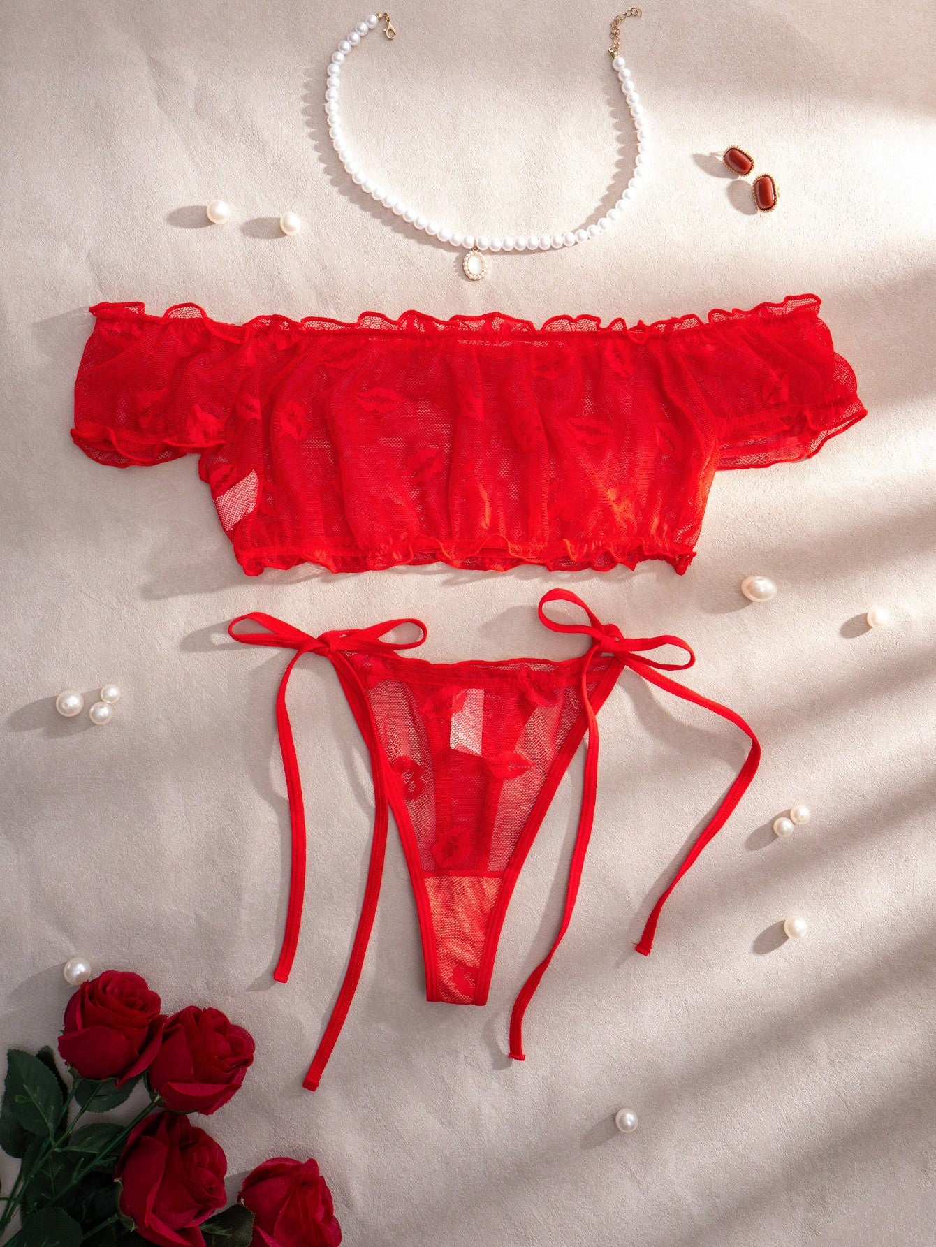 2pcs Women Lip Jacquard Mesh Bra And Thong Panty Set