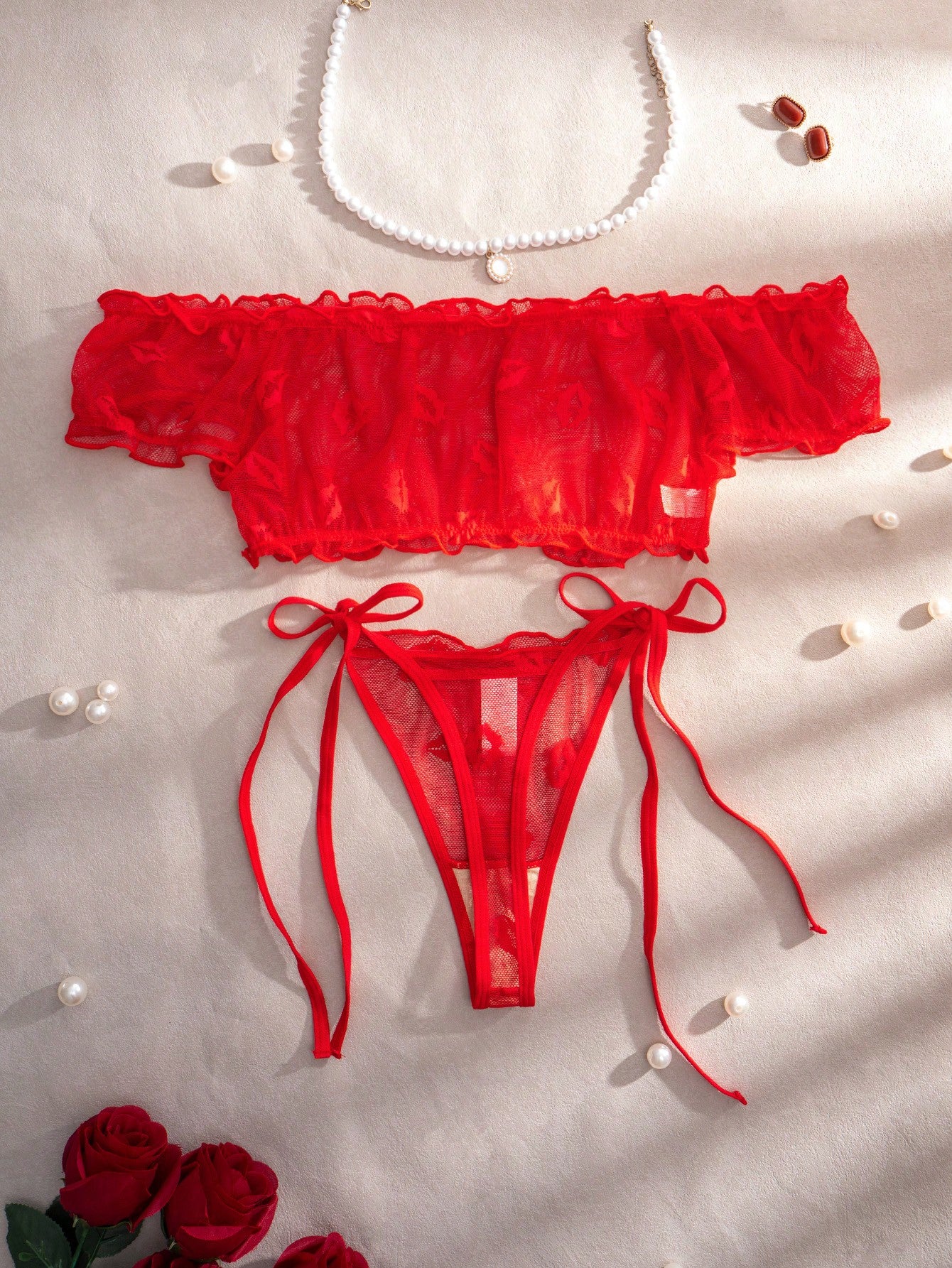 2pcs Women Lip Jacquard Mesh Bra And Thong Panty Set