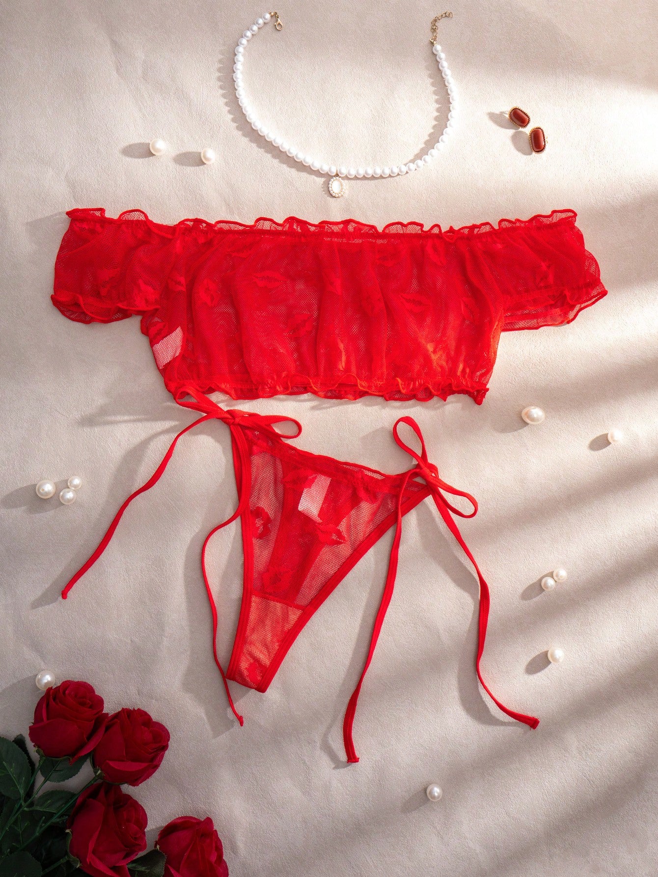 2pcs Women Lip Jacquard Mesh Bra And Thong Panty Set