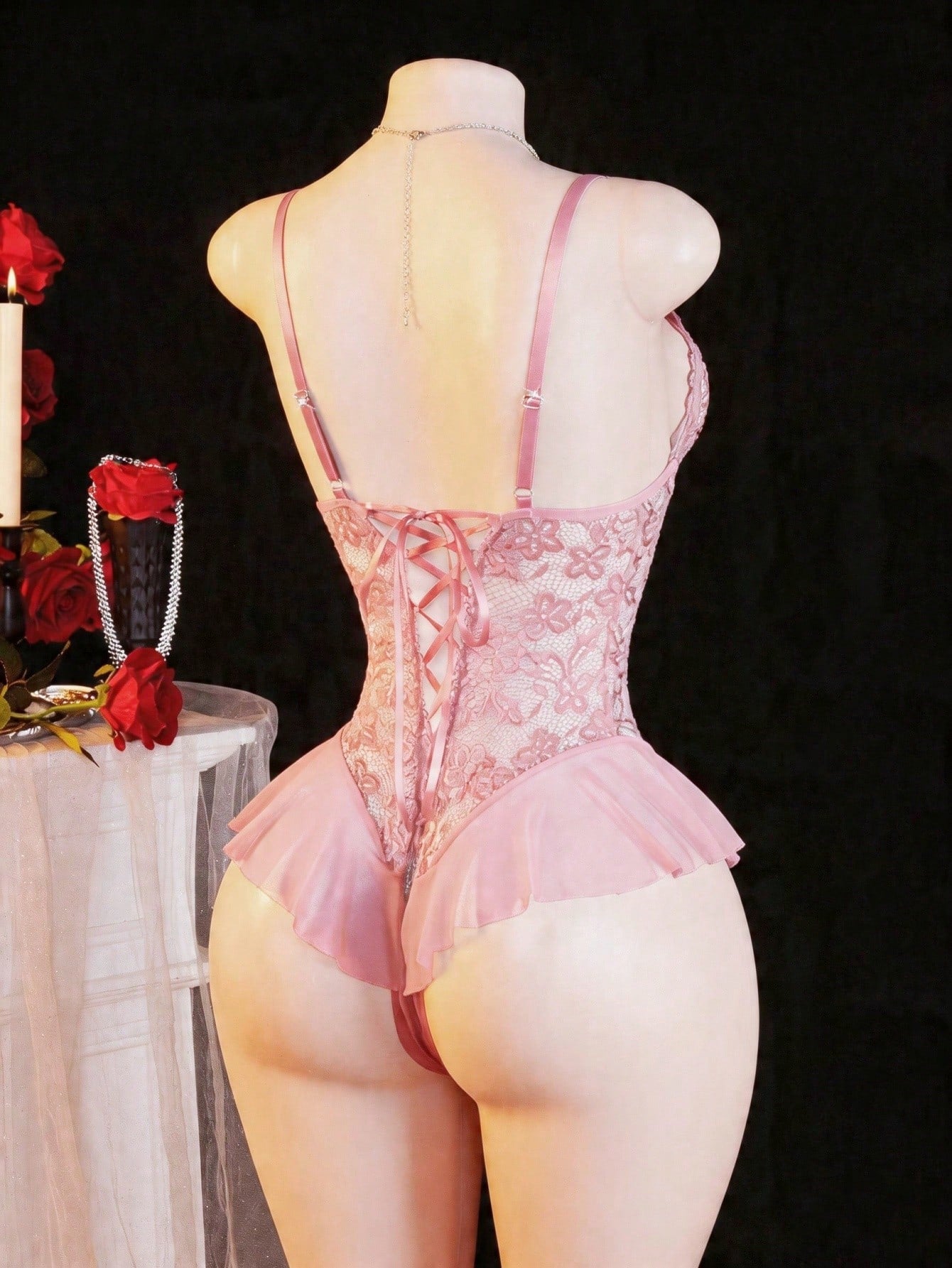 Women's Sexy Lace Mesh Halter Ruffled Open Crotch Jumpsuit