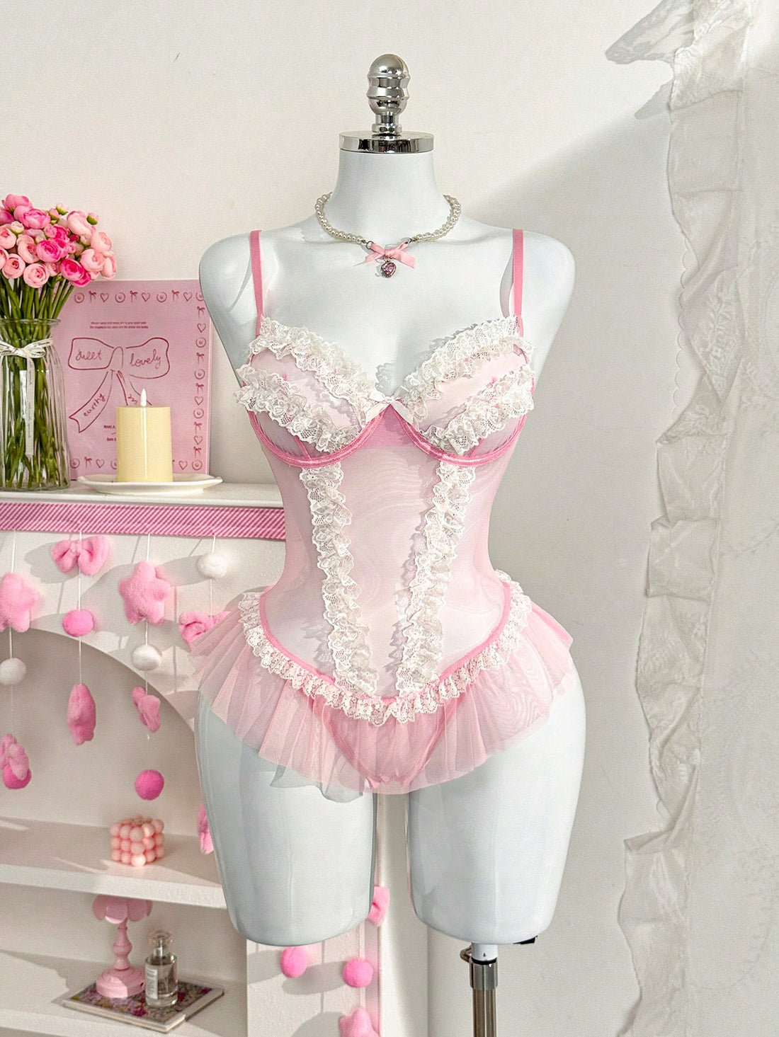 Pink Mesh Lace Trim Romantic Soft Jumpsuit