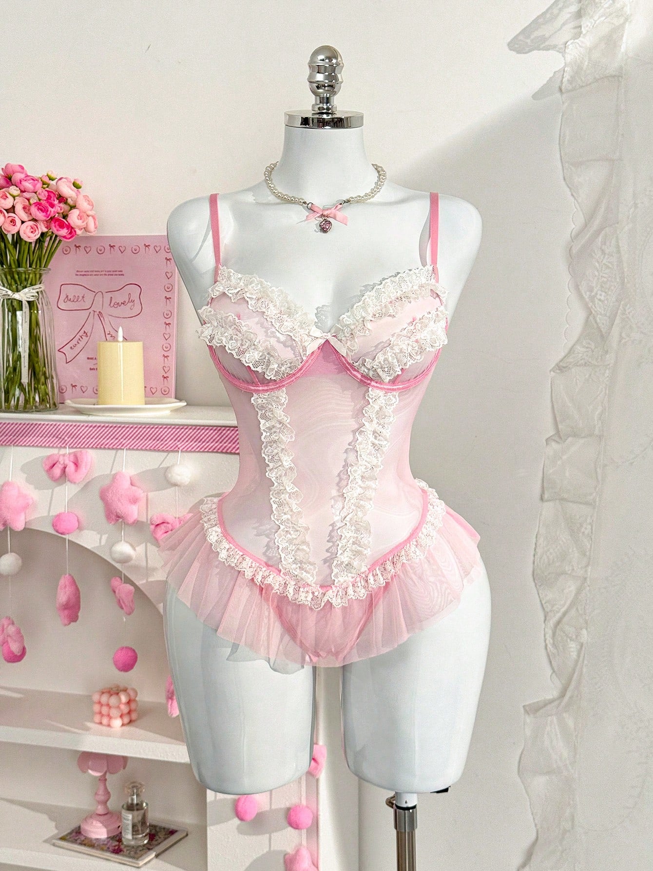 Pink Mesh Lace Trim Romantic Soft Jumpsuit