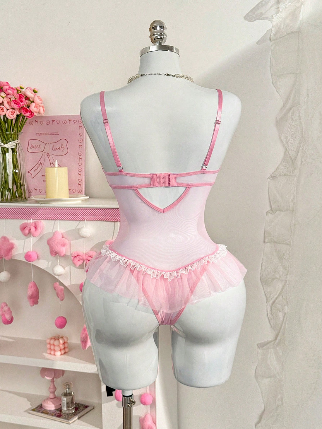 Pink Mesh Lace Trim Romantic Soft Jumpsuit