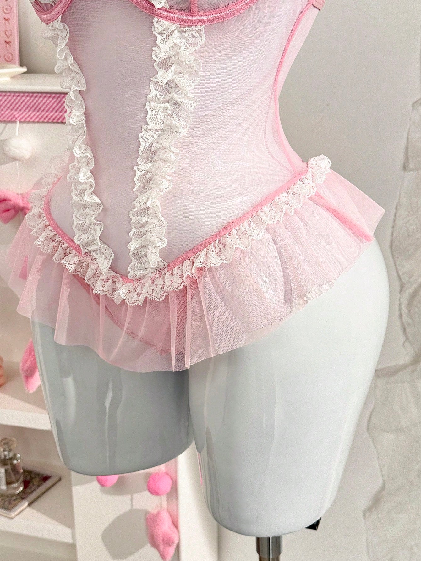 Pink Mesh Lace Trim Romantic Soft Jumpsuit