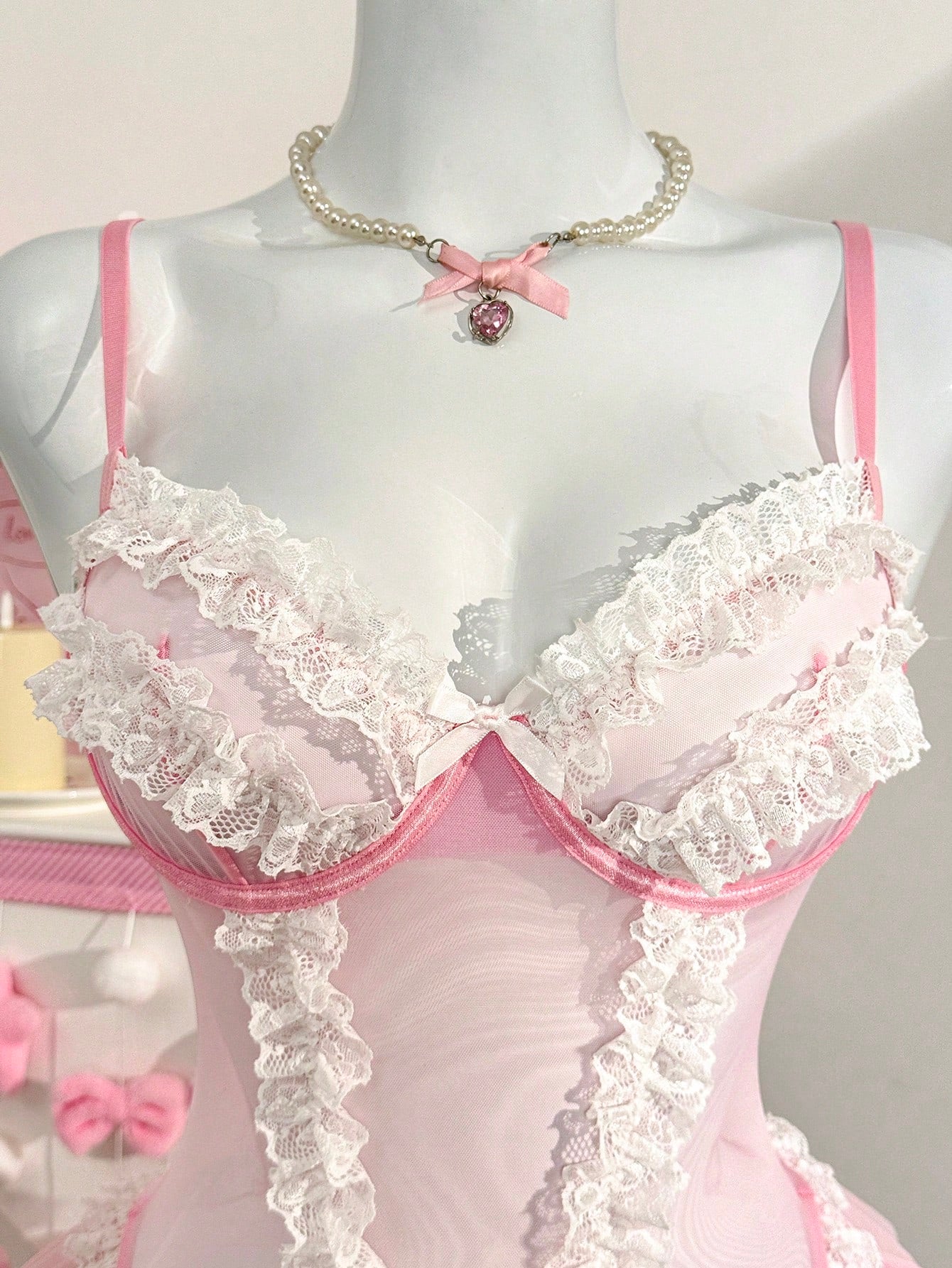 Pink Mesh Lace Trim Romantic Soft Jumpsuit