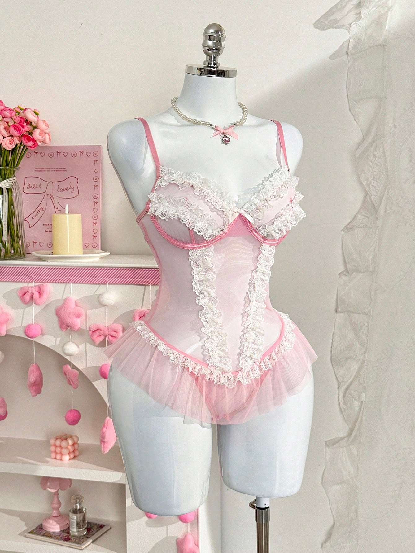 Pink Mesh Lace Trim Romantic Soft Jumpsuit