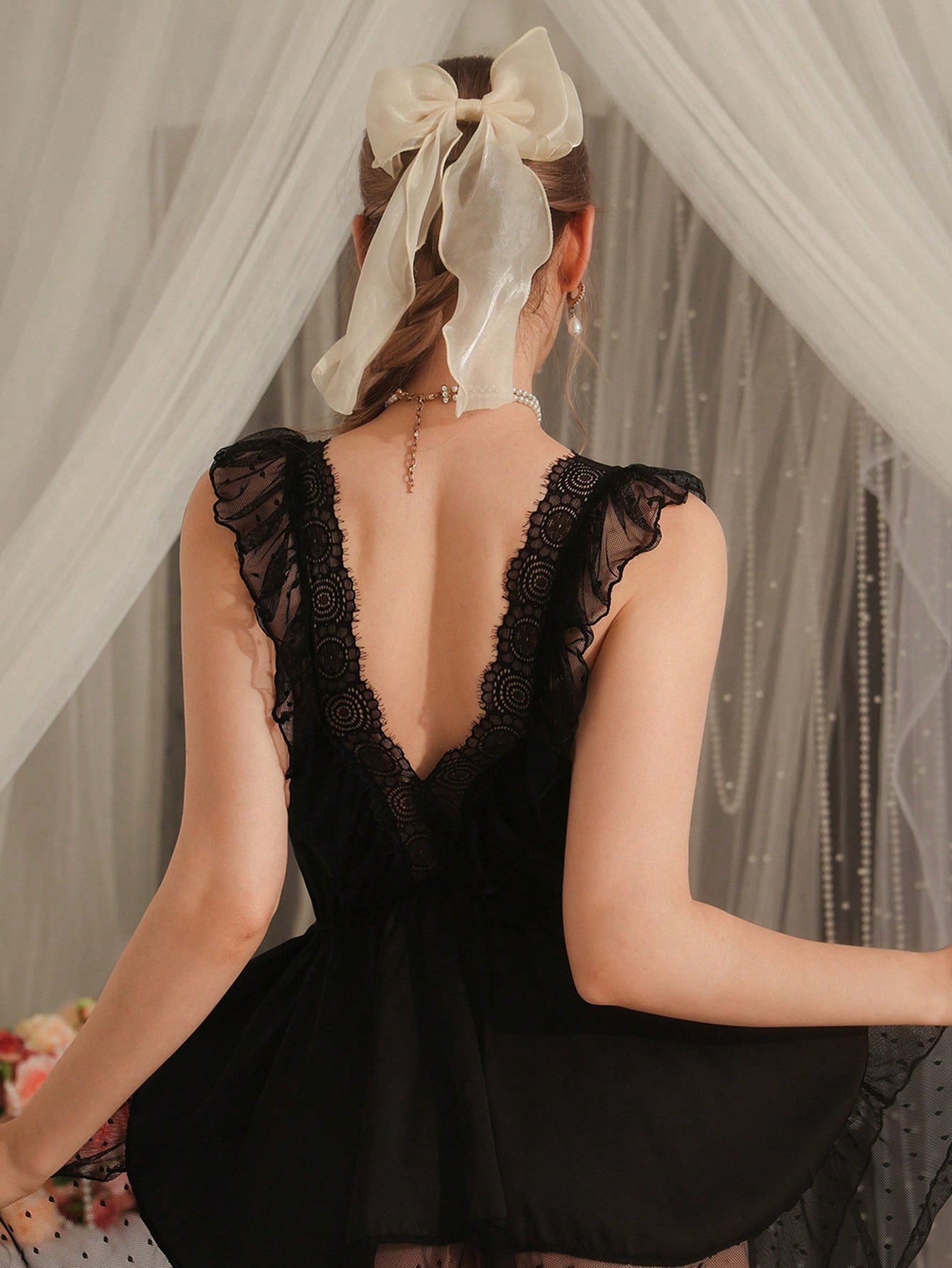 Black Satin Mesh Lace Patchwork Ruffle Hem Bow Asymmetrical Hem Sleepwear, Sweet, Cute, Elegant, Graceful, Sexy For Women