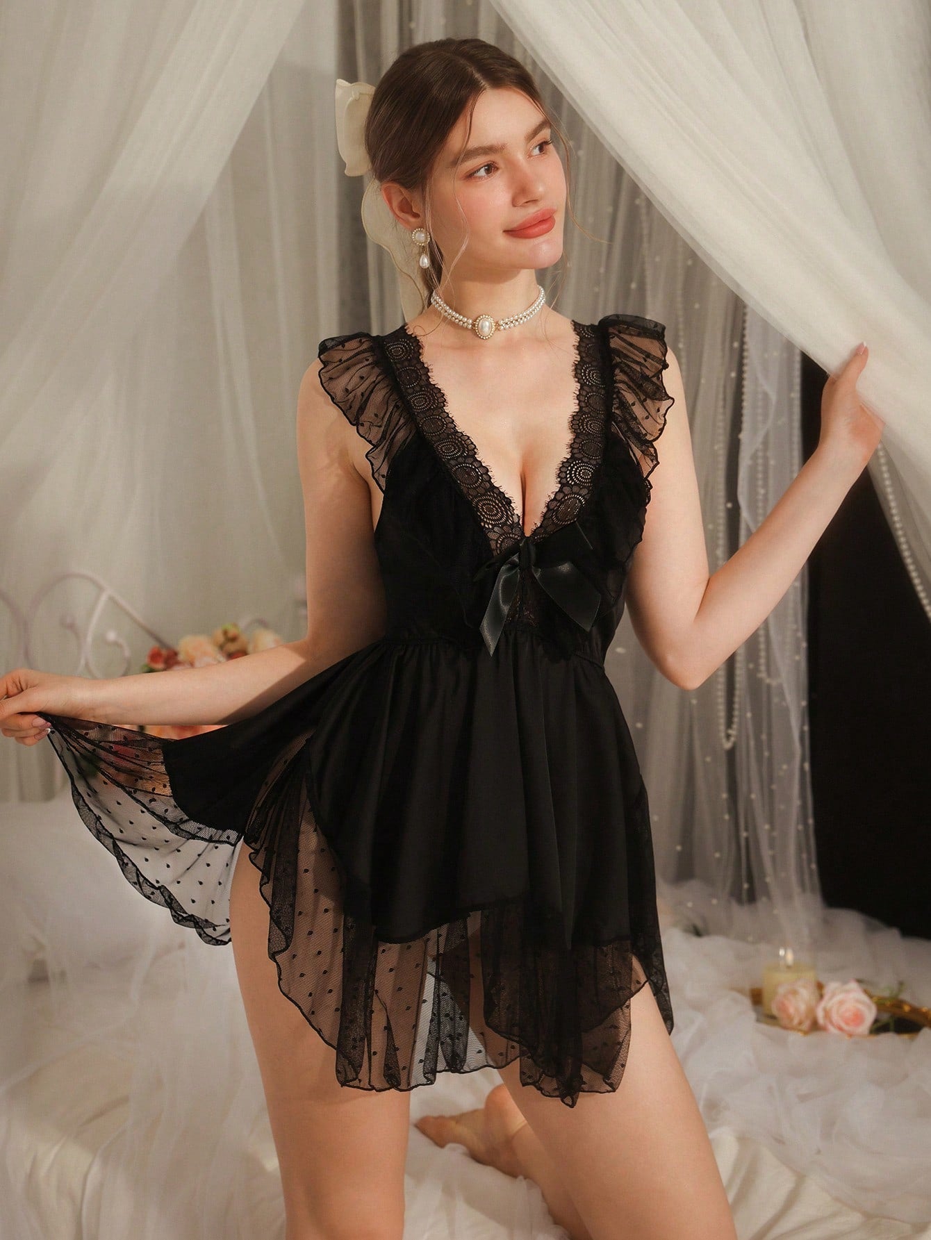 Black Satin Mesh Lace Patchwork Ruffle Hem Bow Asymmetrical Hem Sleepwear, Sweet, Cute, Elegant, Graceful, Sexy For Women