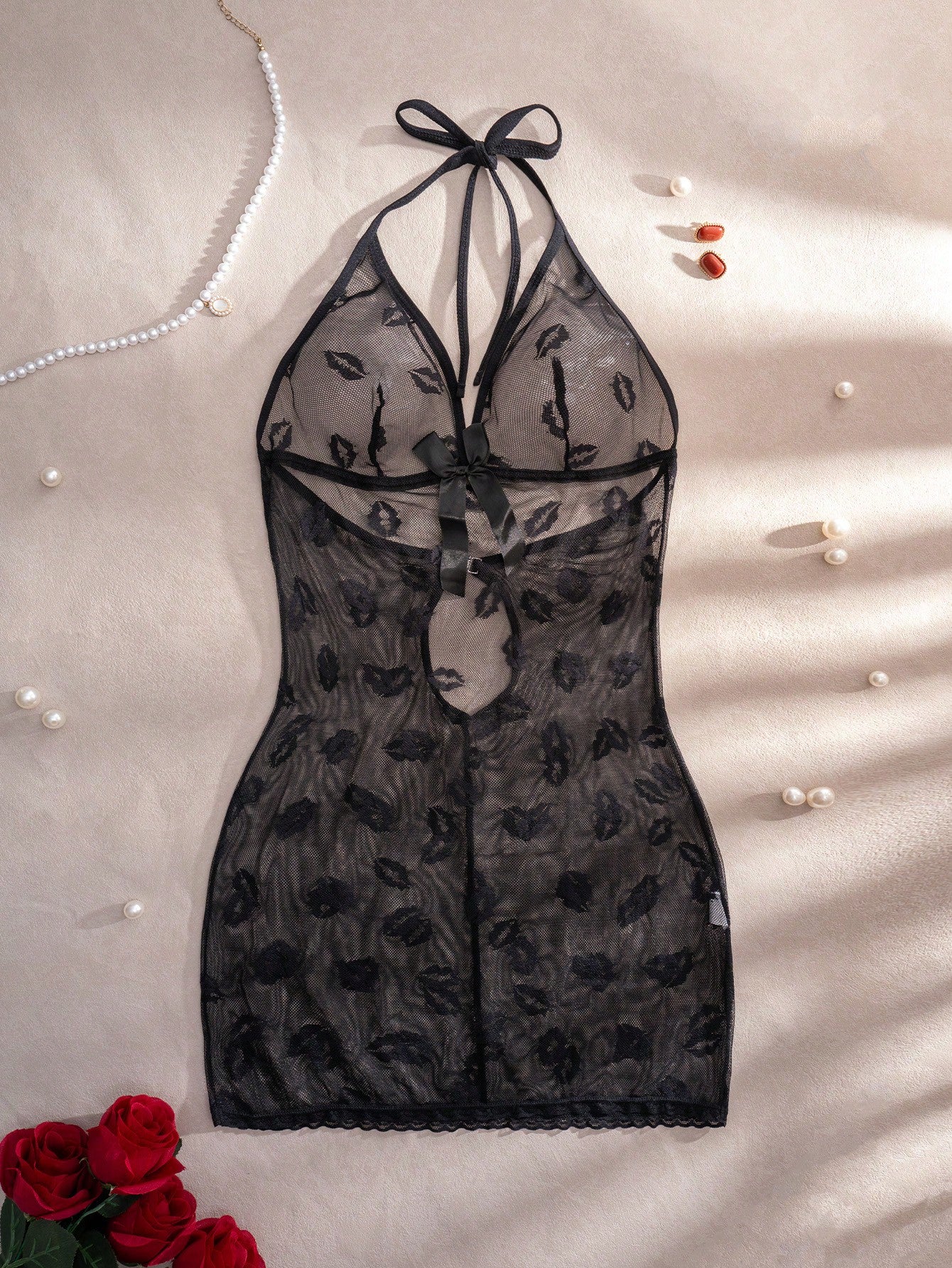Sexy Lip Pattern Mesh Sheer Short Bodycon Nightgown Babydoll , See Through Dress Underwear Outer For Going Out