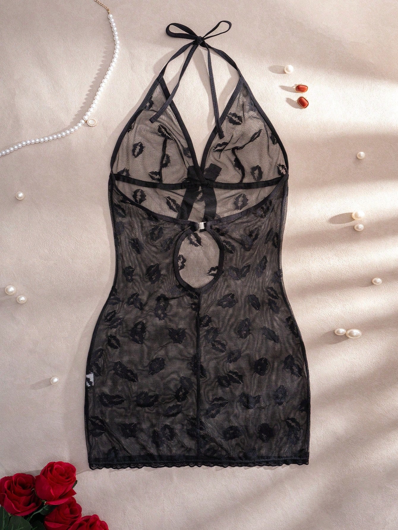 Sexy Lip Pattern Mesh Sheer Short Bodycon Nightgown Babydoll , See Through Dress Underwear Outer For Going Out