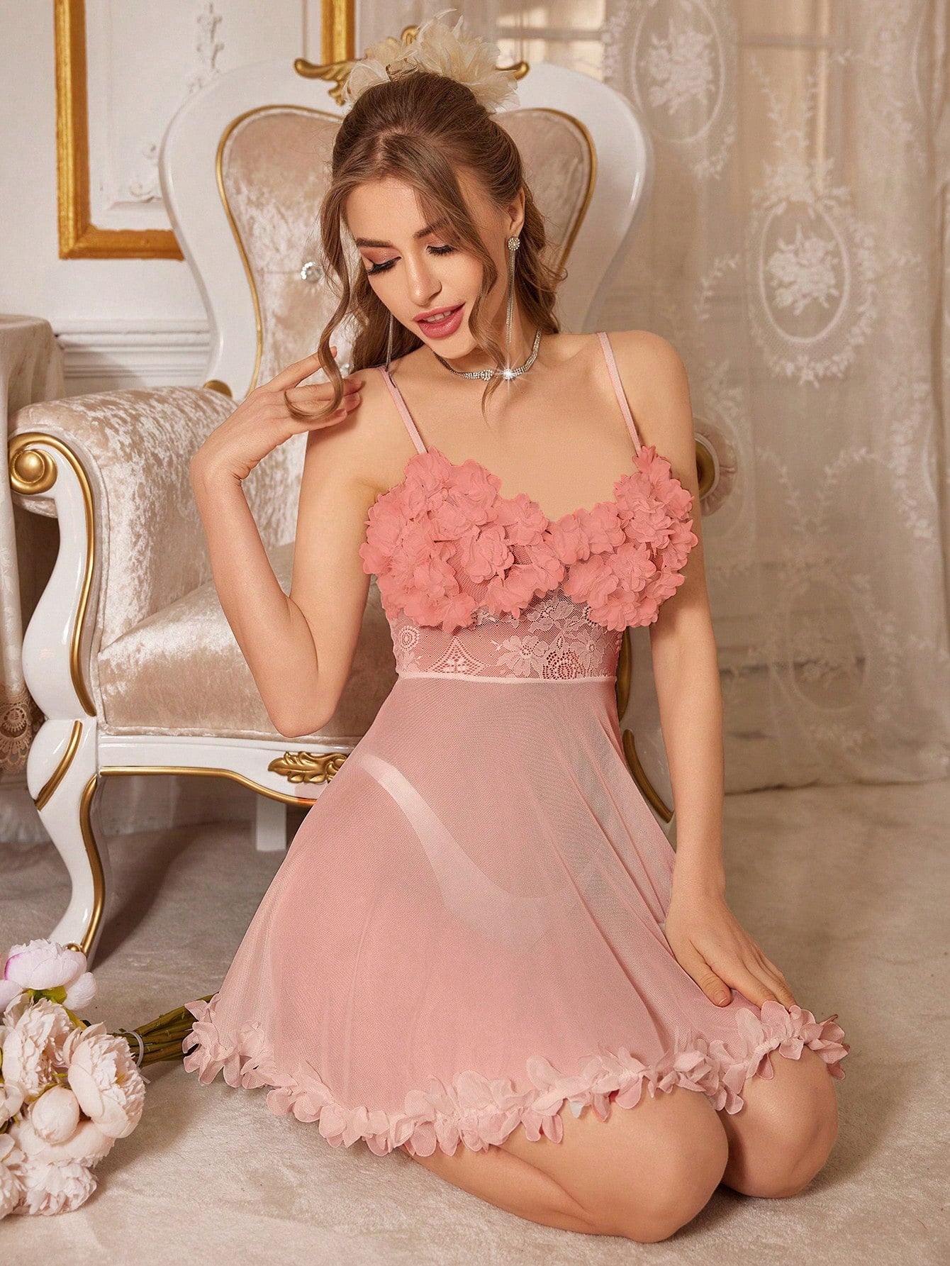 Slumberist Women's Solid Color 3D Flower Design Lace See-Through Camisole Pajama Sleepwear Dress