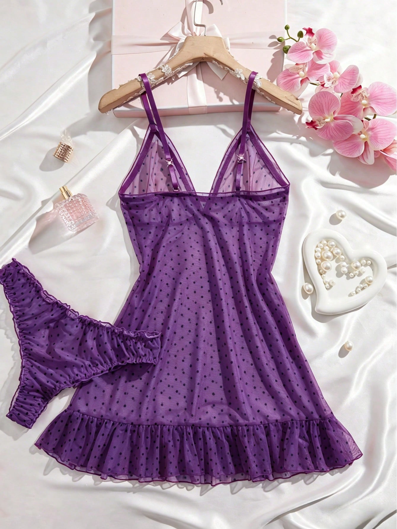 2pcs Polka Dot Nightgown Sexy Women Sheer Mesh Lingerie Chemise Slip Dress Set (With Panty)