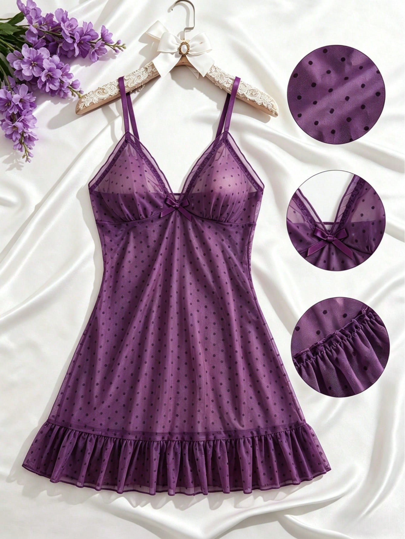 2pcs Polka Dot Nightgown Sexy Women Sheer Mesh Lingerie Chemise Slip Dress Set (With Panty)
