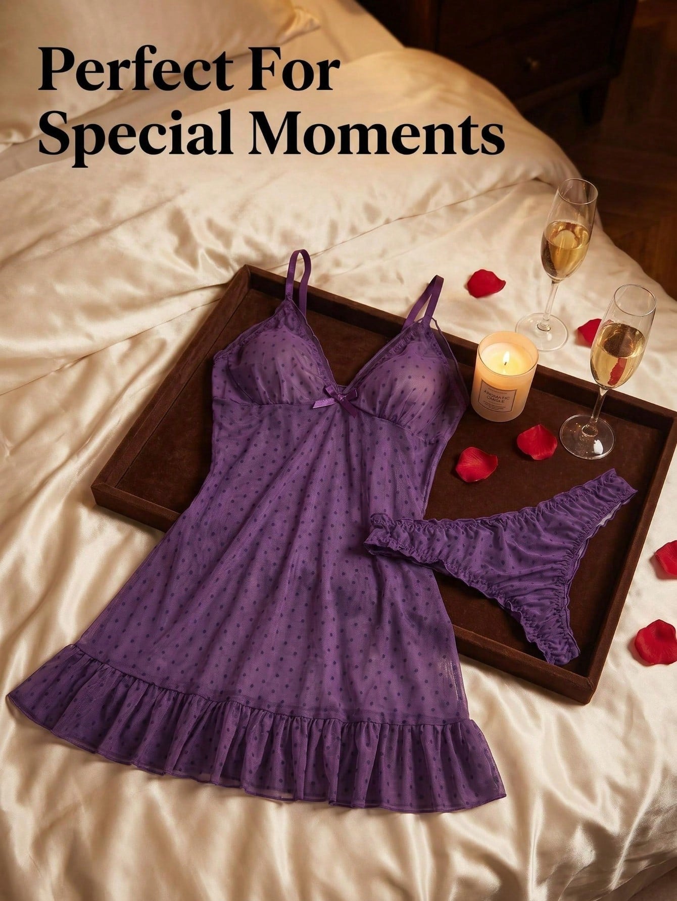 2pcs Polka Dot Nightgown Sexy Women Sheer Mesh Lingerie Chemise Slip Dress Set (With Panty)