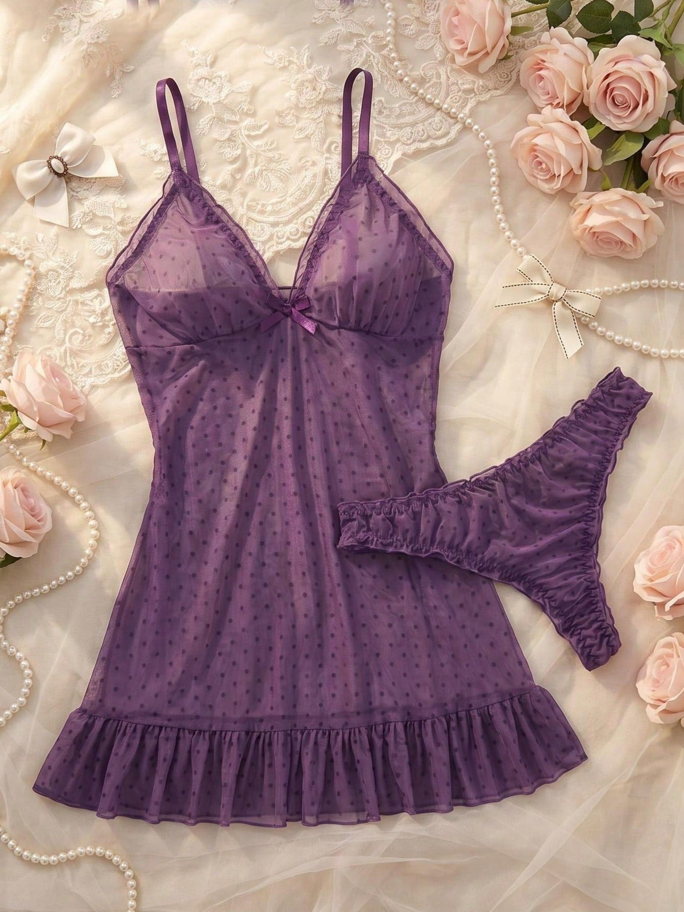 2pcs Polka Dot Nightgown Sexy Women Sheer Mesh Lingerie Chemise Slip Dress Set (With Panty)