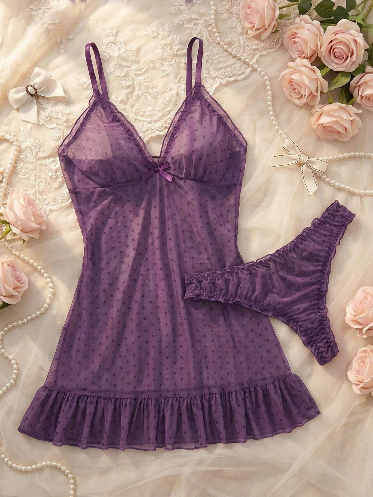2pcs Polka Dot Sexy Mesh Nightgown Set For Women, Camisole Dress Set (Includes Panties)