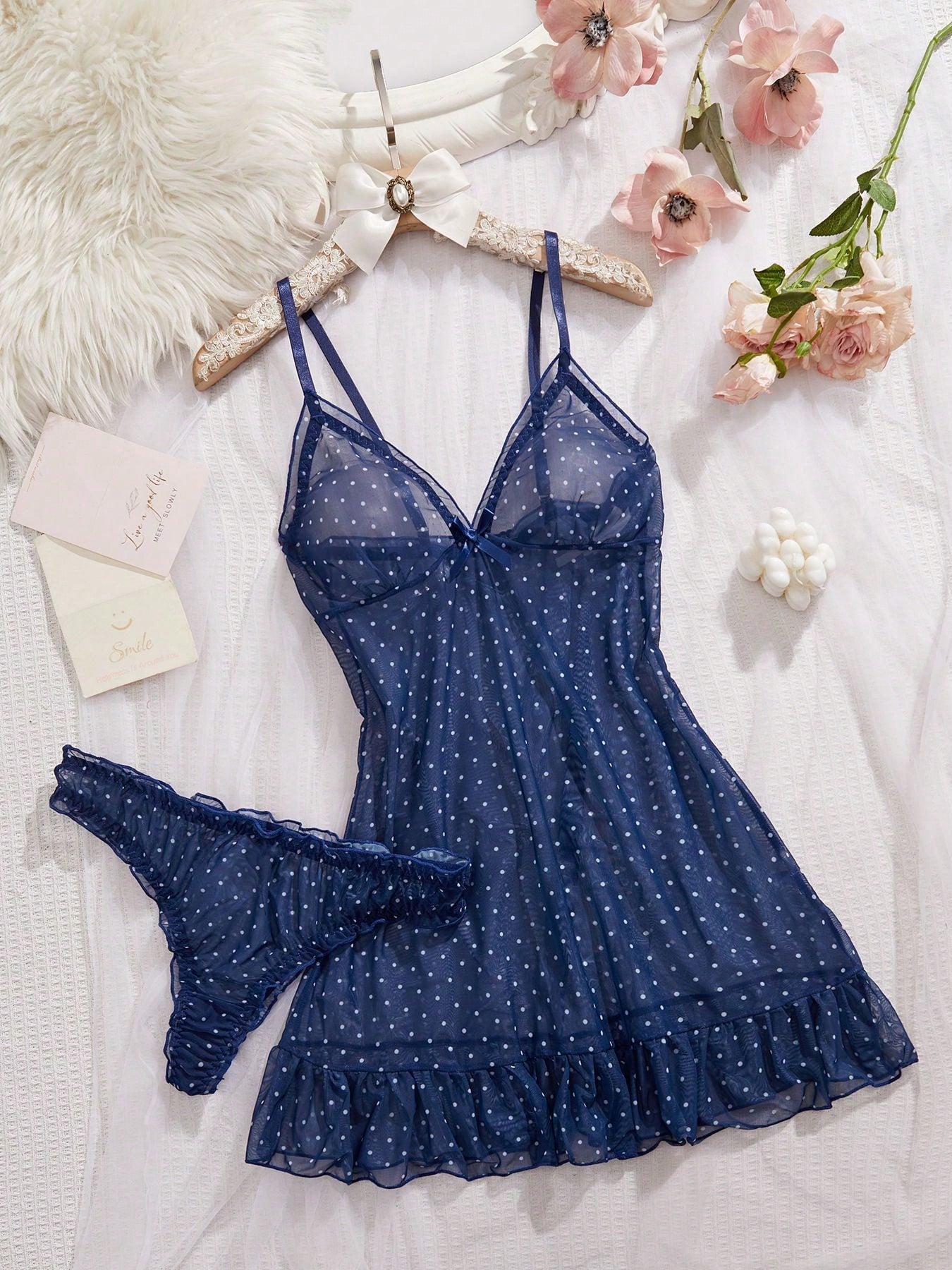 2pcs Polka Dot Nightgown Sexy Women Sheer Mesh Lingerie Chemise Slip Dress Set (With Panty)