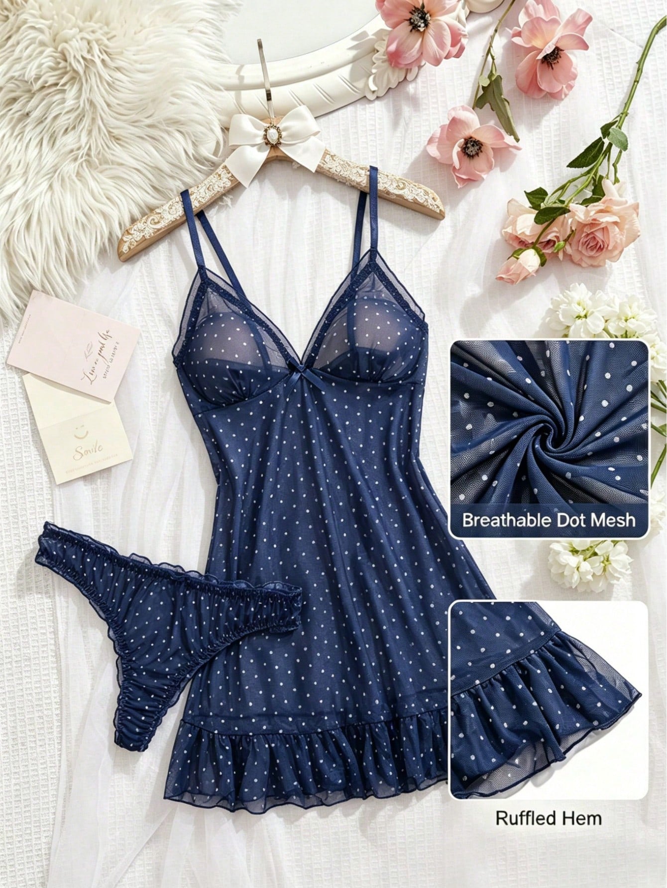 2pcs Polka Dot Nightgown Sexy Women Sheer Mesh Lingerie Chemise Slip Dress Set (With Panty)