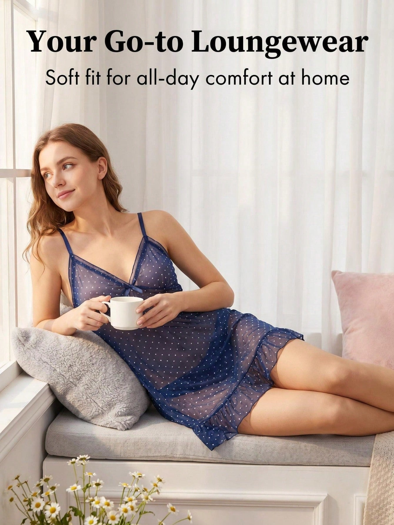 2pcs Polka Dot Nightgown Sexy Women Sheer Mesh Lingerie Chemise Slip Dress Set (With Panty)