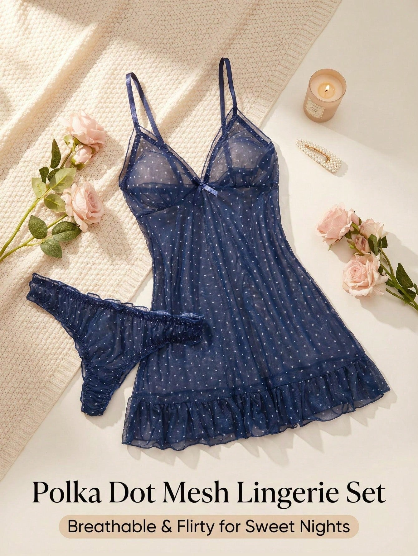 2pcs Polka Dot Nightgown Sexy Women Sheer Mesh Lingerie Chemise Slip Dress Set (With Panty)