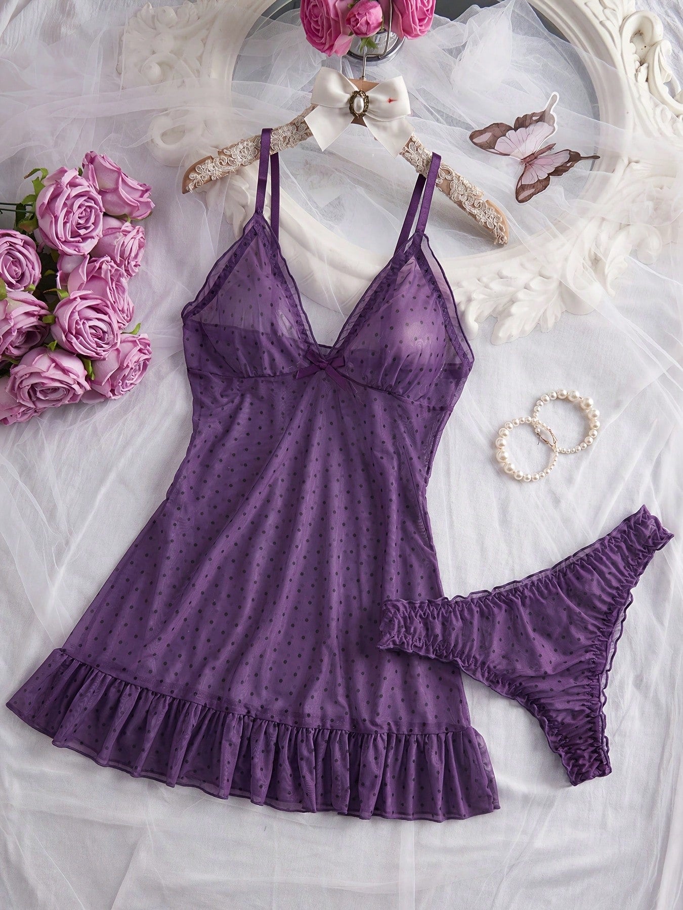 2pcs Polka Dot Nightgown Sexy Women Sheer Mesh Lingerie Chemise Slip Dress Set (With Panty)