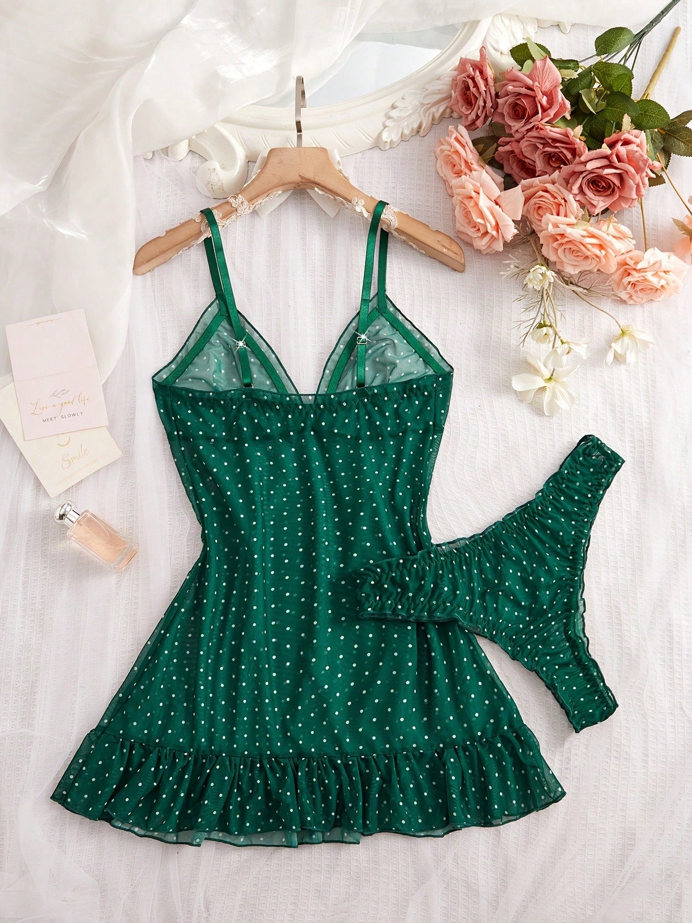 2pcs Polka Dot Nightgown Sexy Women Sheer Mesh Lingerie Chemise Slip Dress Set (With Panty)
