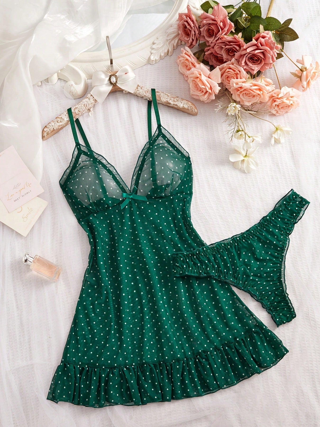 2pcs Polka Dot Nightgown Sexy Women Sheer Mesh Lingerie Chemise Slip Dress Set (With Panty)