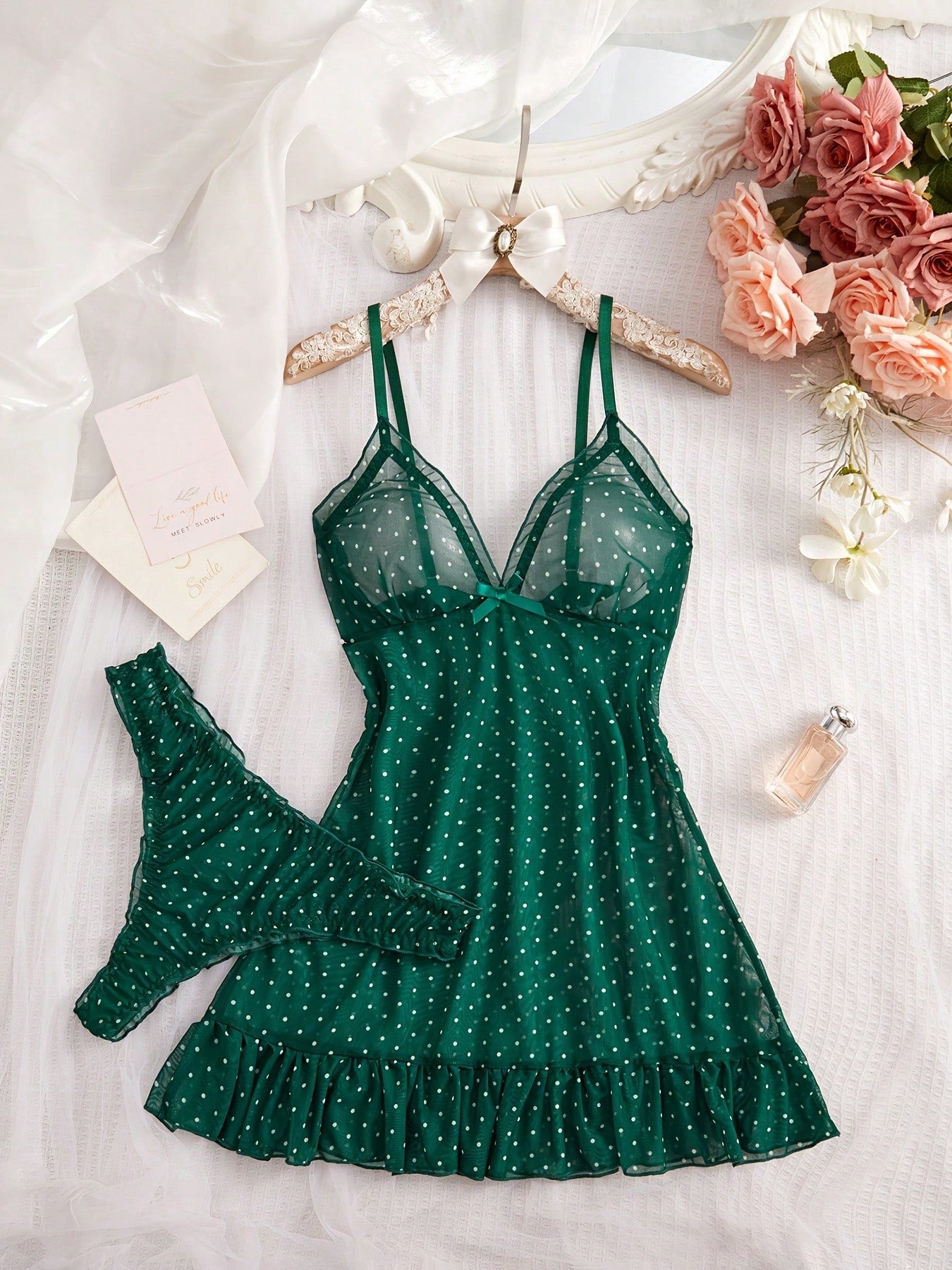 2pcs Polka Dot Nightgown Sexy Women Sheer Mesh Lingerie Chemise Slip Dress Set (With Panty)