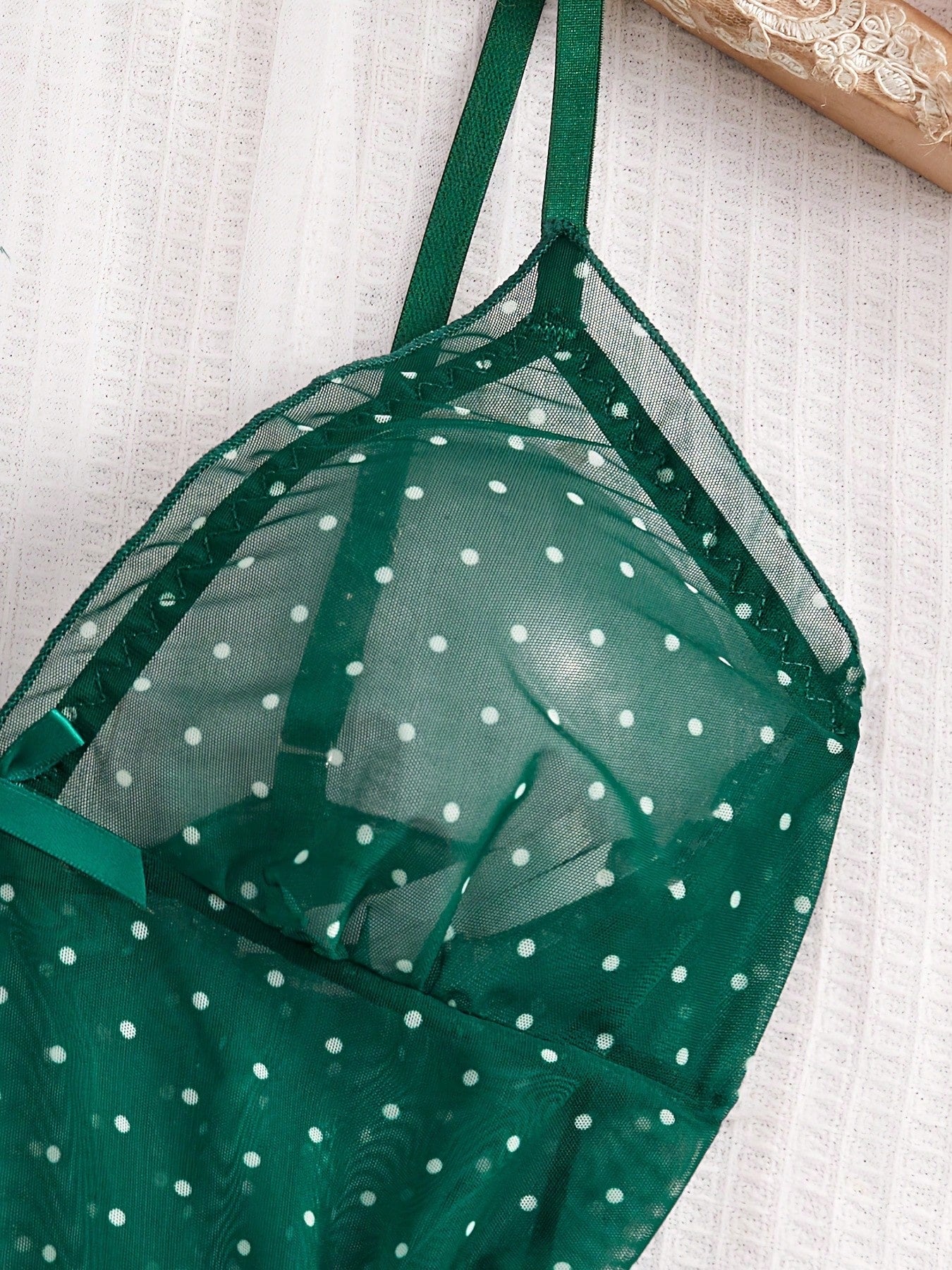 2pcs Polka Dot Nightgown Sexy Women Sheer Mesh Lingerie Chemise Slip Dress Set (With Panty)