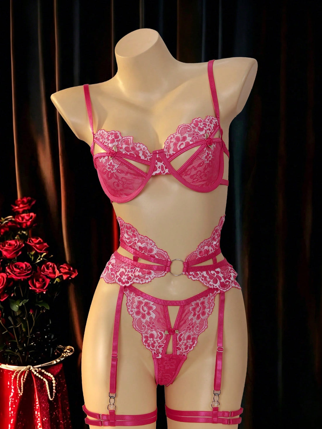 Women’s 5-piece sexy lingerie set with lace patchwork, hollow-out design, sheer embroidery details, adjustable spaghetti straps, and low-rise thong panties; plain pattern, available in Hot Pink and Baby Blue.